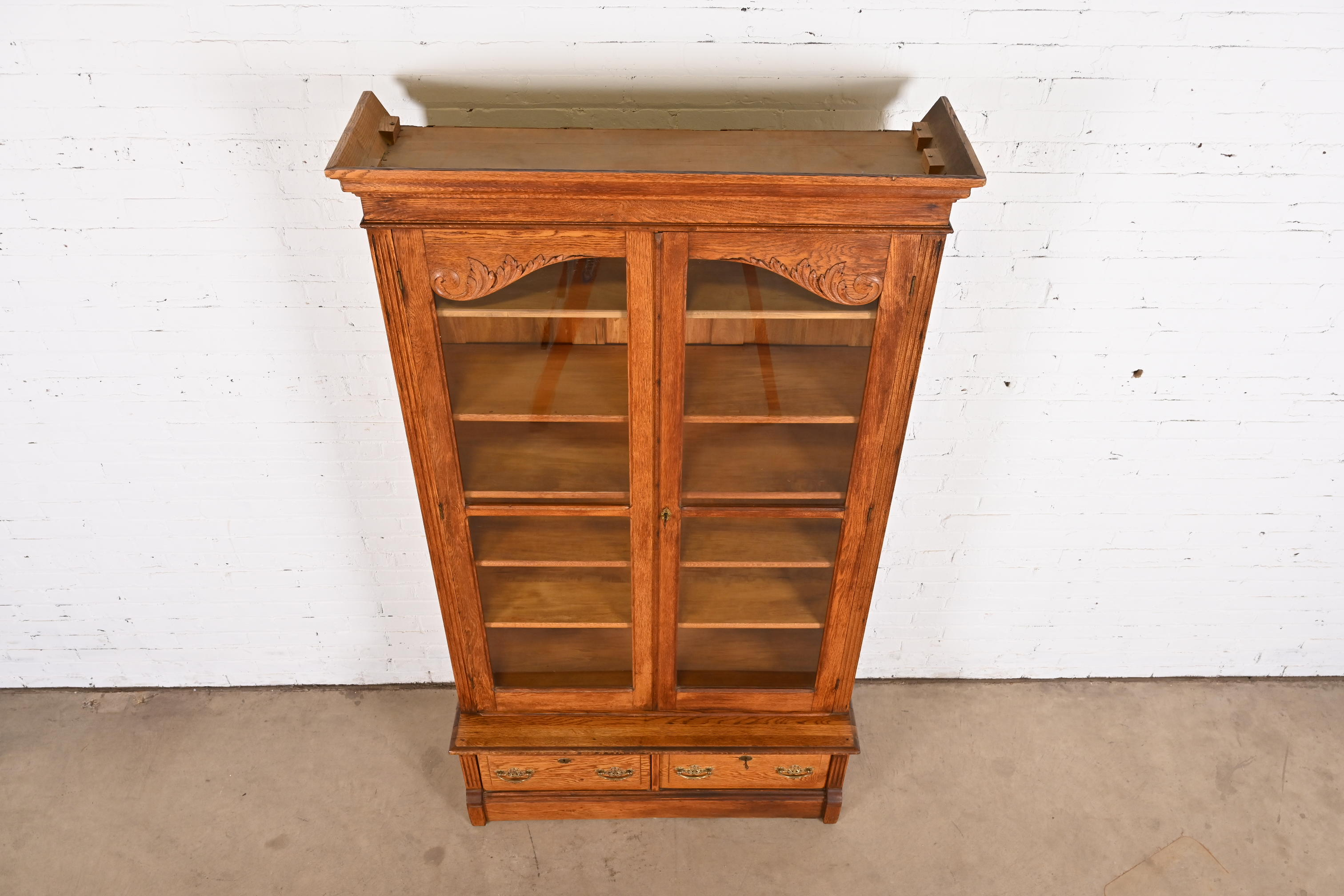 Antique Victorian Carved Oak Glass Front Bookcase, Circa 1900 - Image 10