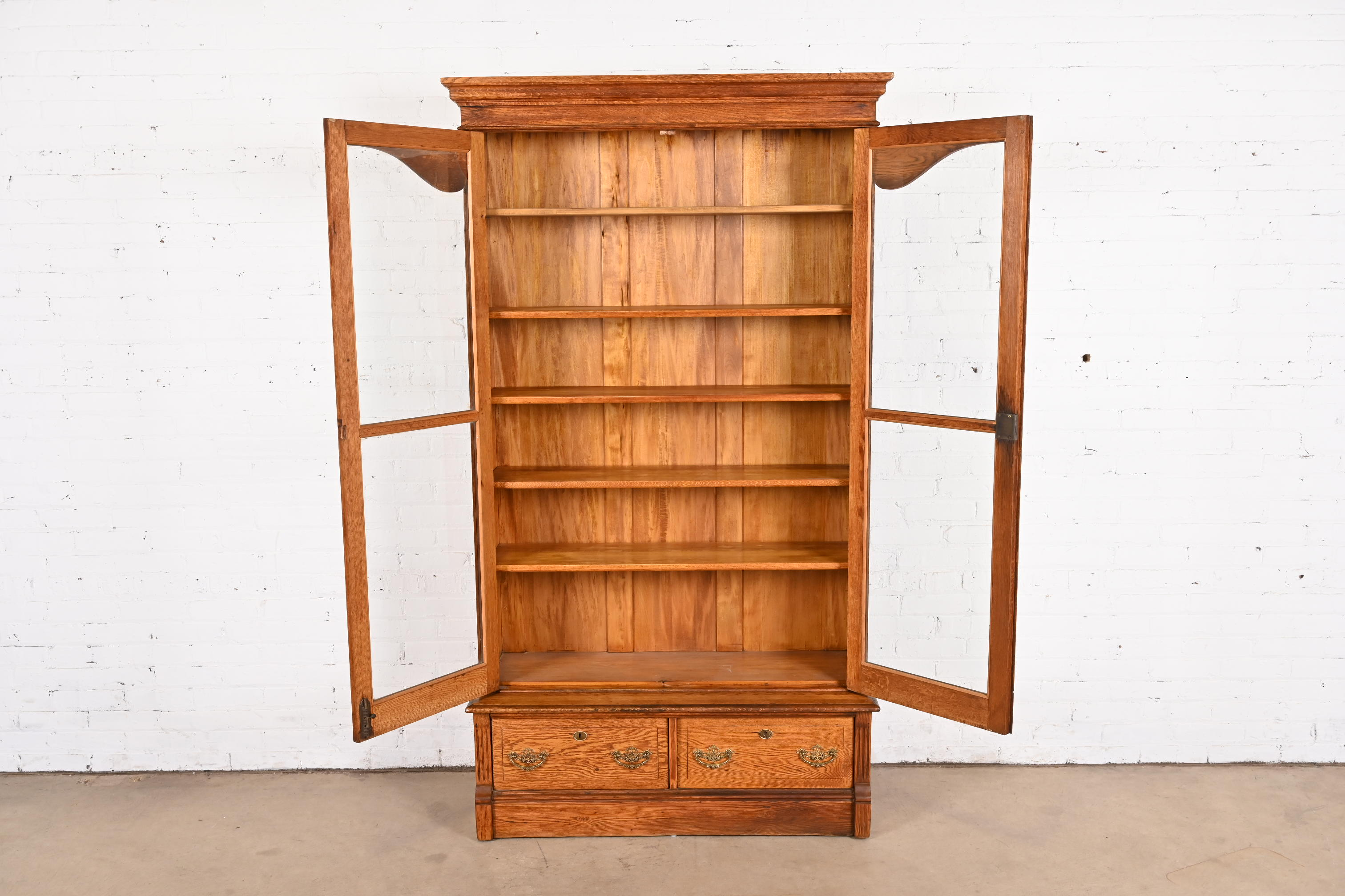 Antique Victorian Carved Oak Glass Front Bookcase, Circa 1900 - Image 4