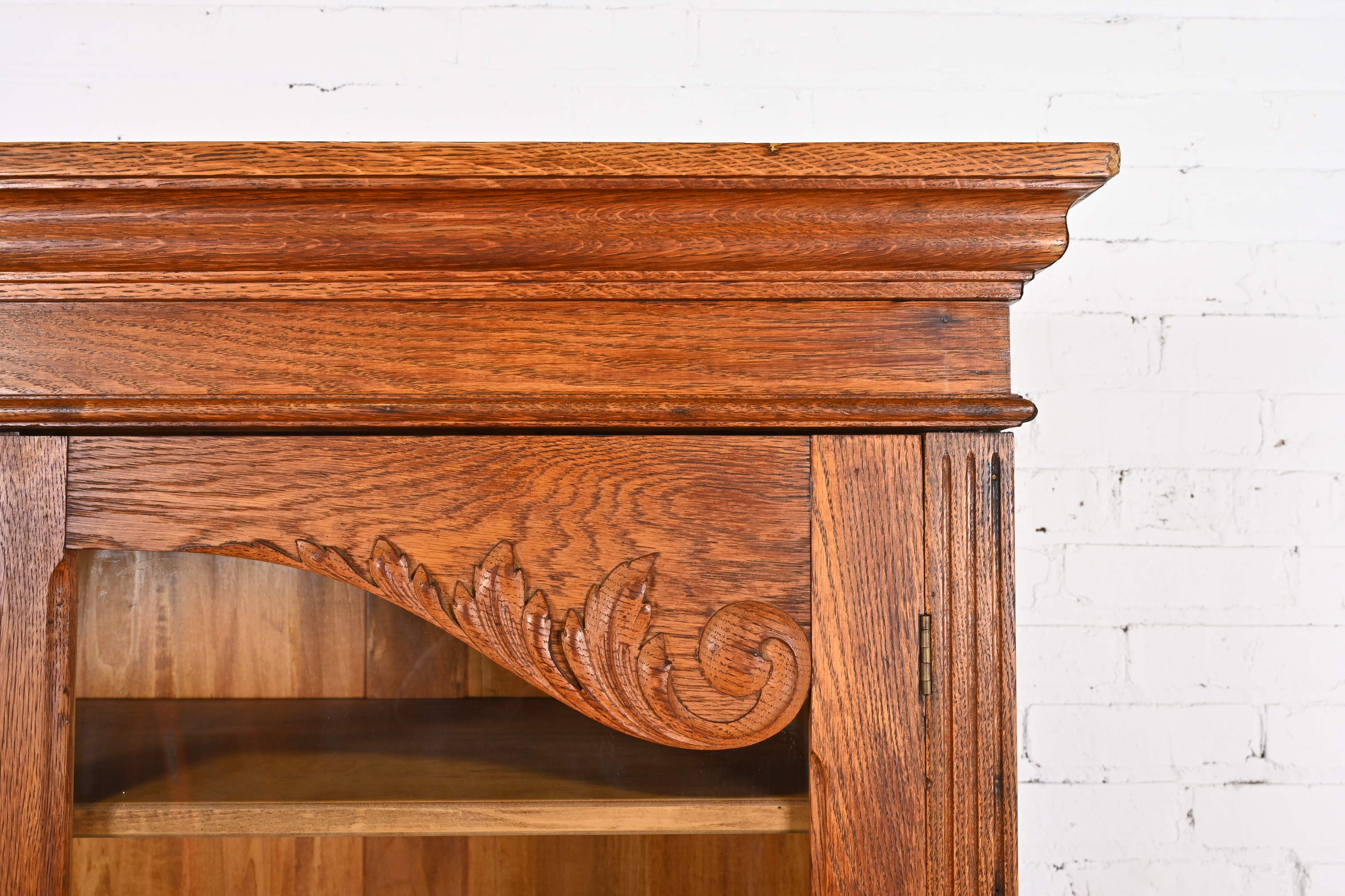 Antique Victorian Carved Oak Glass Front Bookcase, Circa 1900 - Image 9