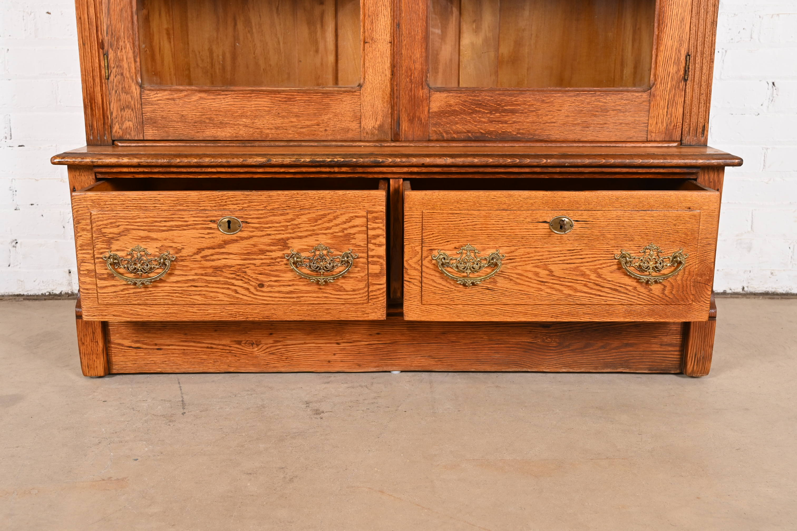 Antique Victorian Carved Oak Glass Front Bookcase, Circa 1900 - Image 6