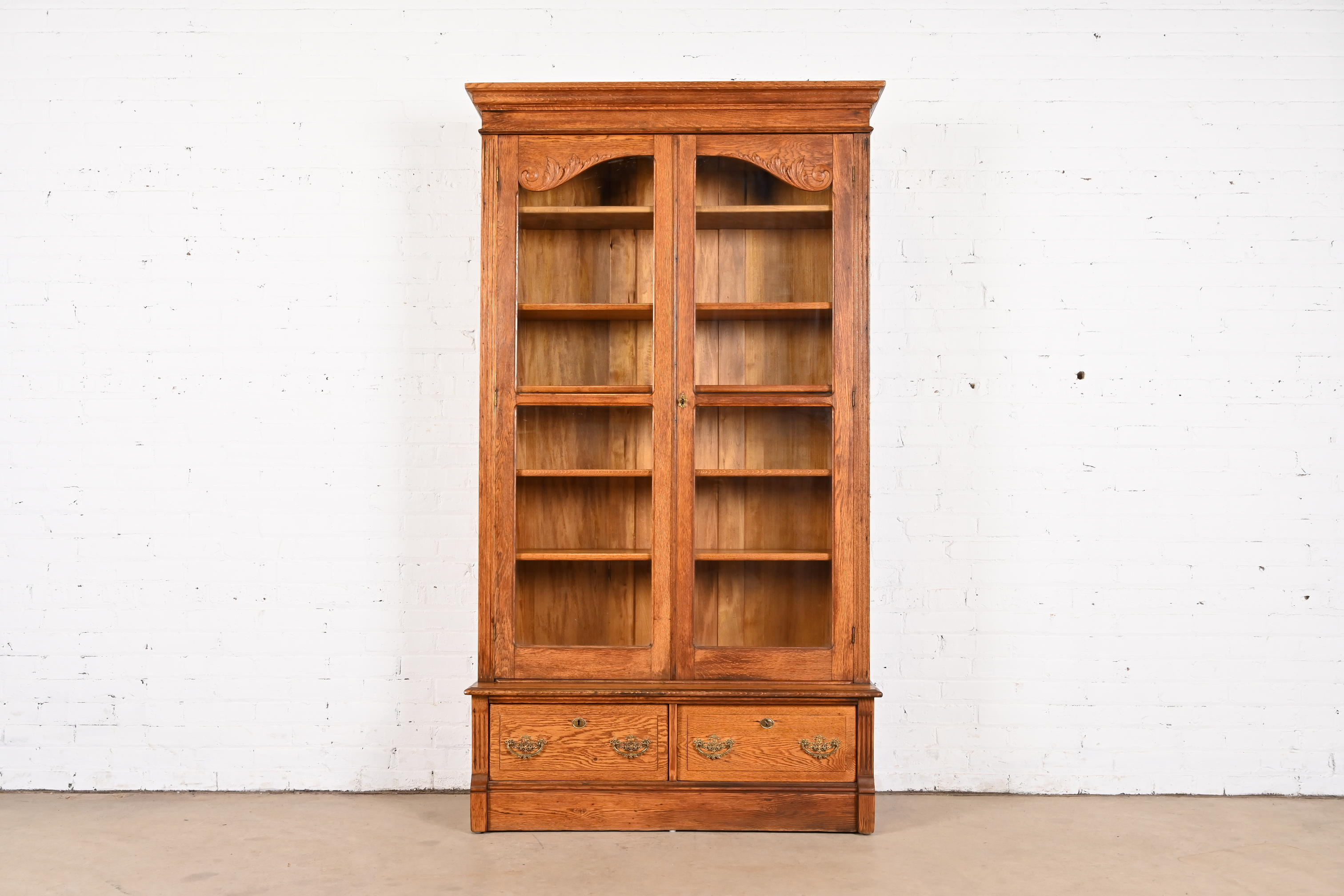 Antique Victorian Carved Oak Glass Front Bookcase, Circa 1900