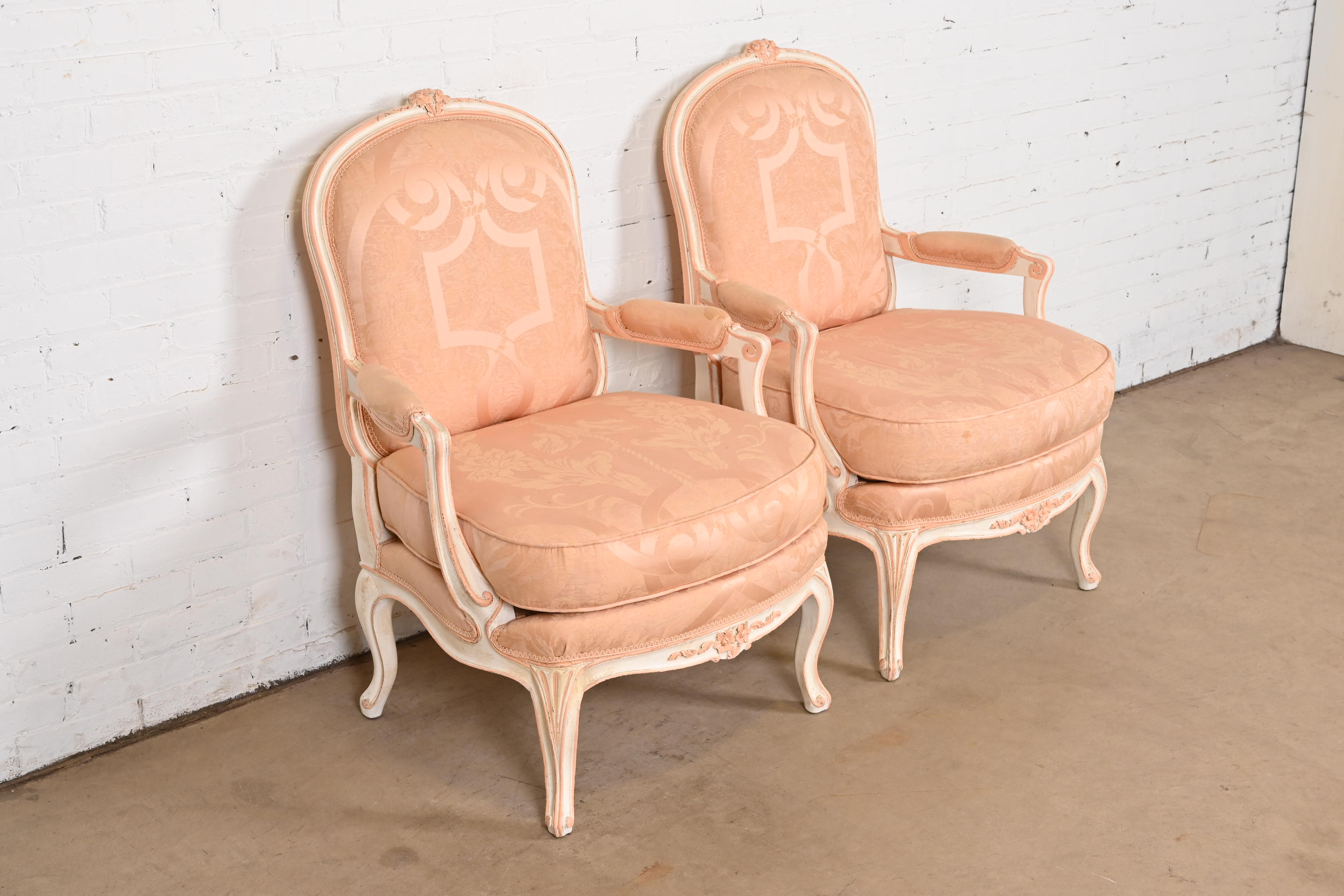 French Provincial Louis XV Carved Painted Walnut Fauteuils, Pair - Image 4