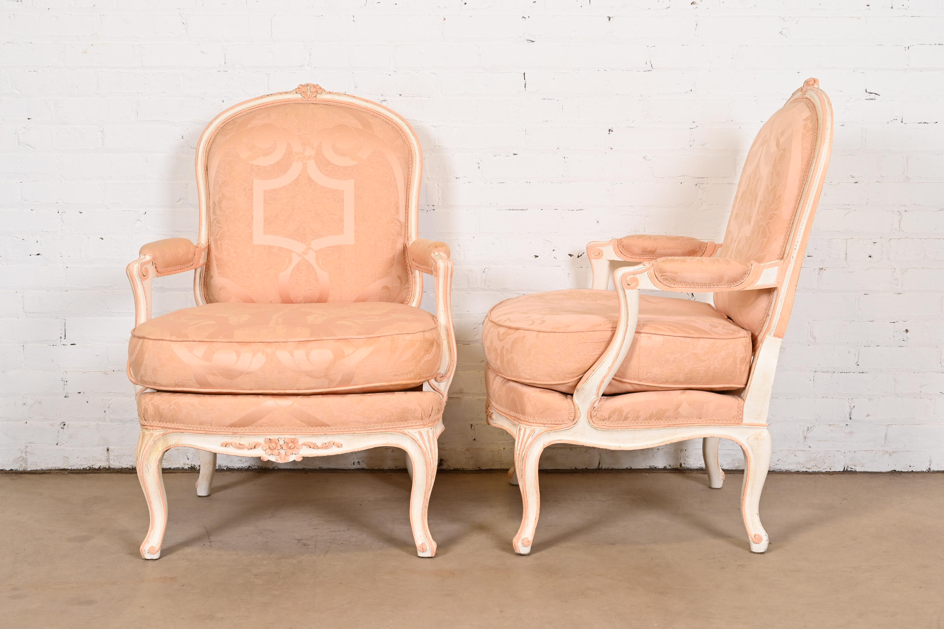 French Provincial Louis XV Carved Painted Walnut Fauteuils, Pair - Image 7