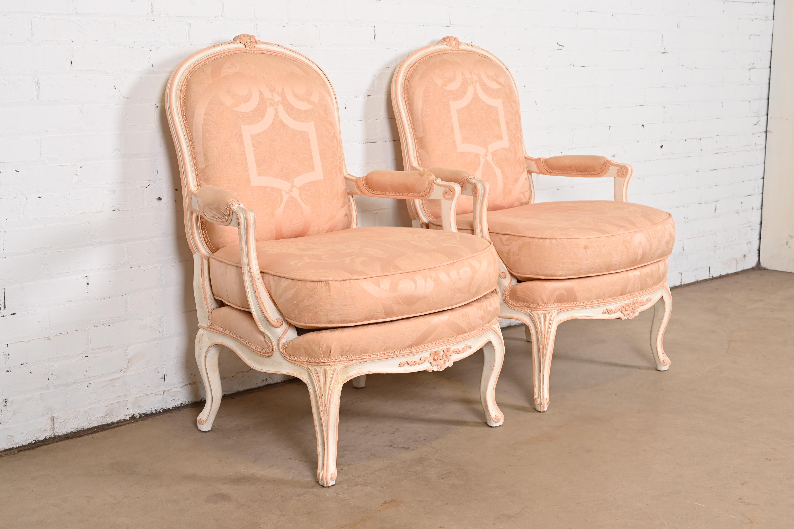 French Provincial Louis XV Carved Painted Walnut Fauteuils, Pair - Image 3