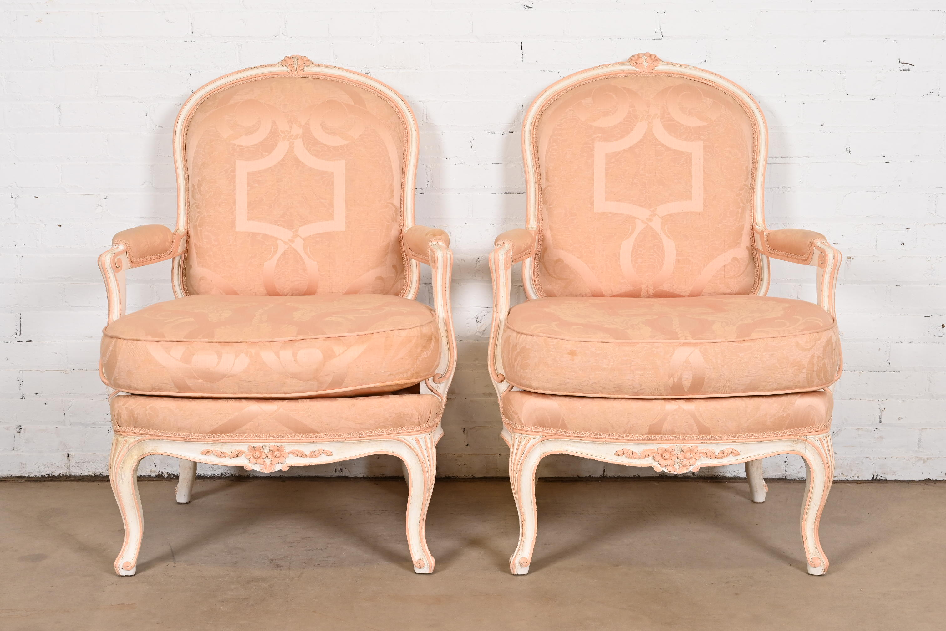 French Provincial Louis XV Carved Painted Walnut Fauteuils, Pair - Image 2