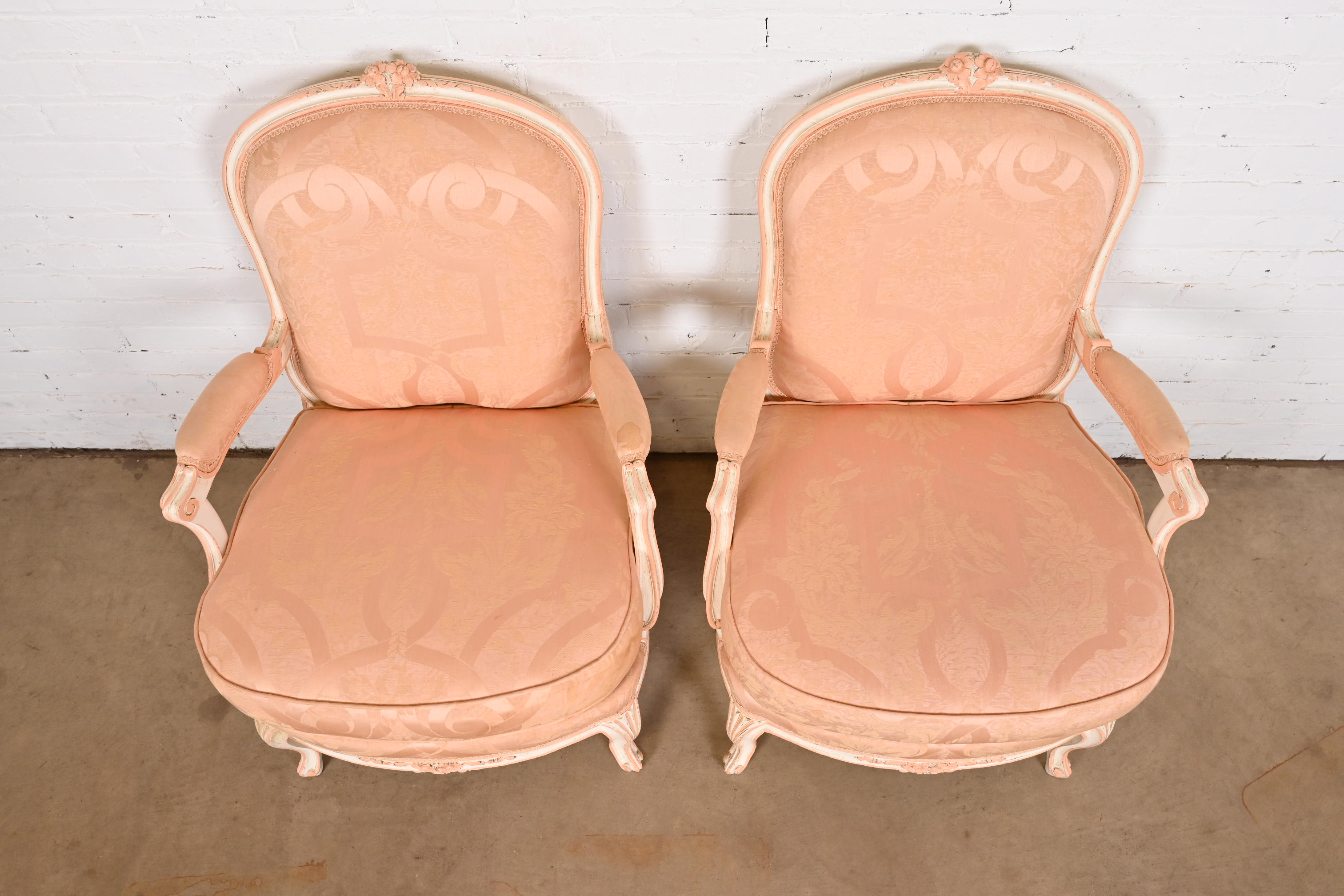 French Provincial Louis XV Carved Painted Walnut Fauteuils, Pair - Image 5