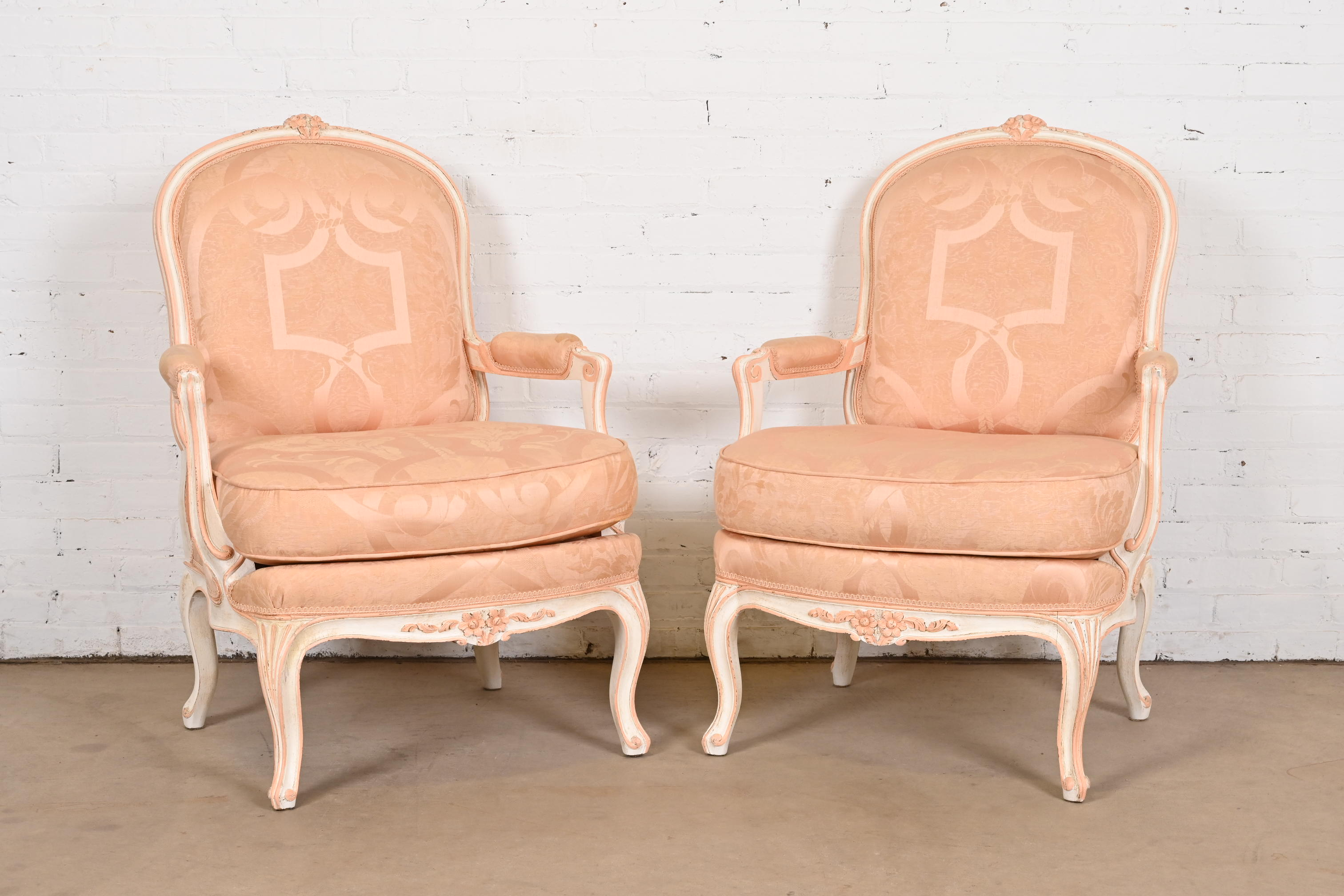 French Provincial Louis XV Carved Painted Walnut Fauteuils, Pair - Image 6