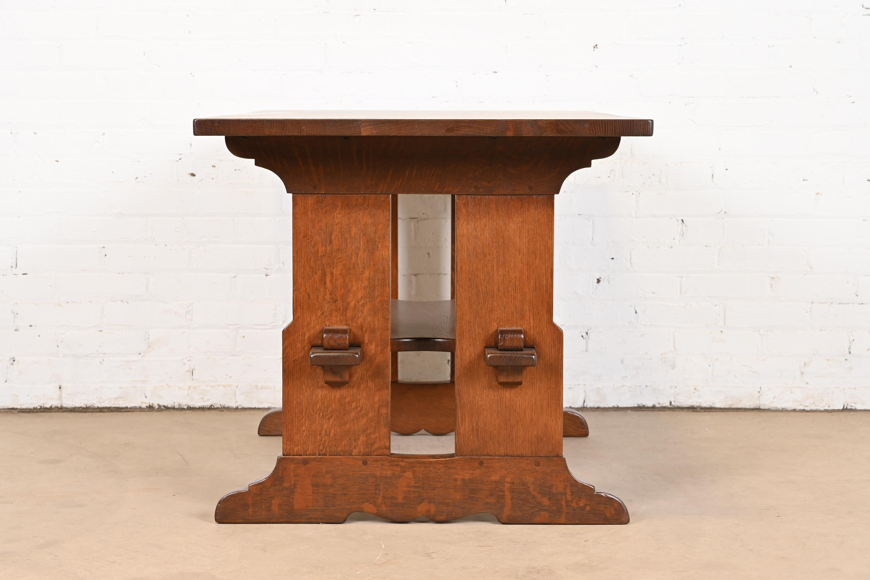 Gustav Stickley Mission Oak Arts & Crafts Trestle Library Table or Writing Desk, Newly Restored - Image 9