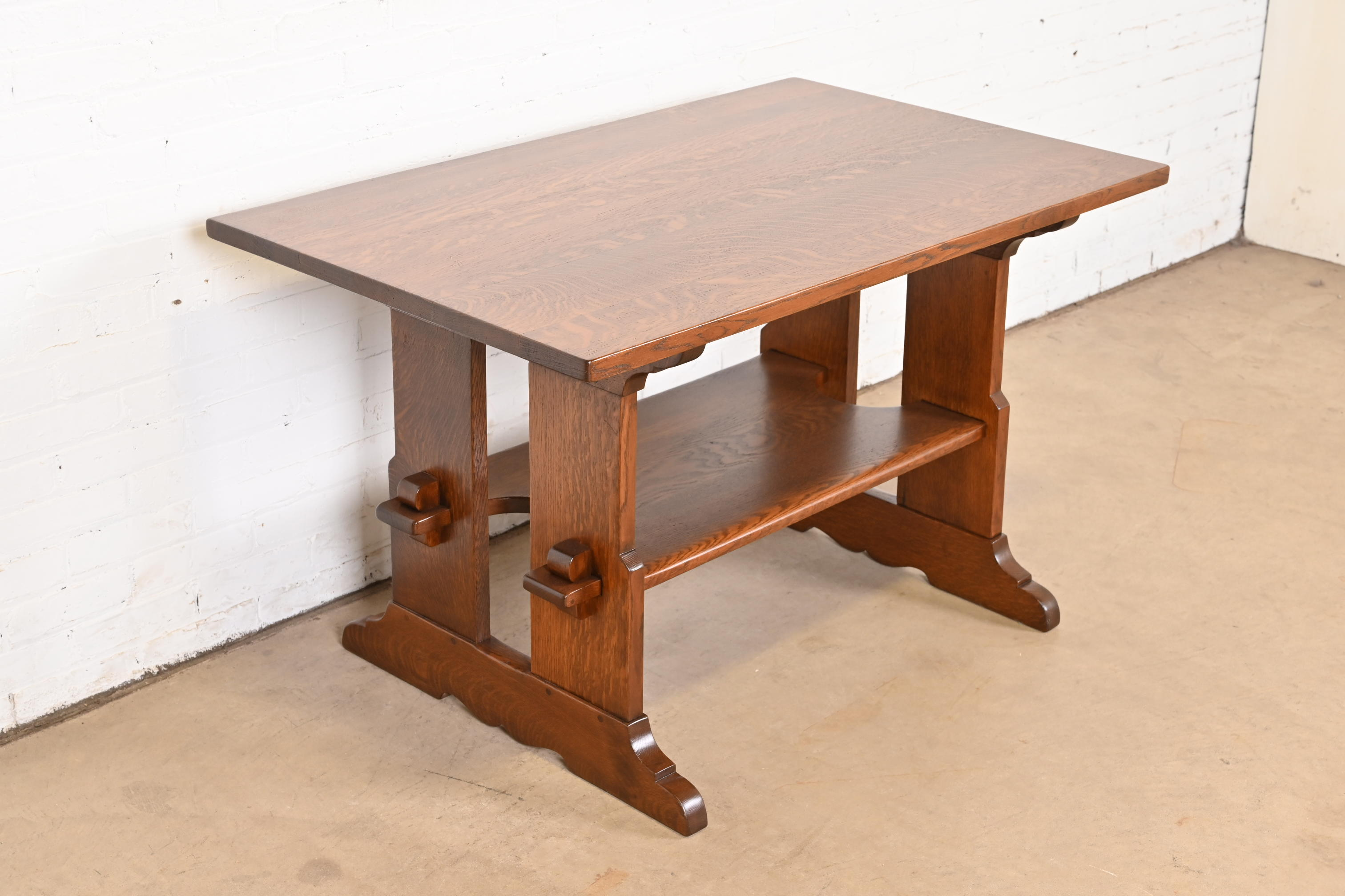 Gustav Stickley Mission Oak Arts & Crafts Trestle Library Table or Writing Desk, Newly Restored - Image 5