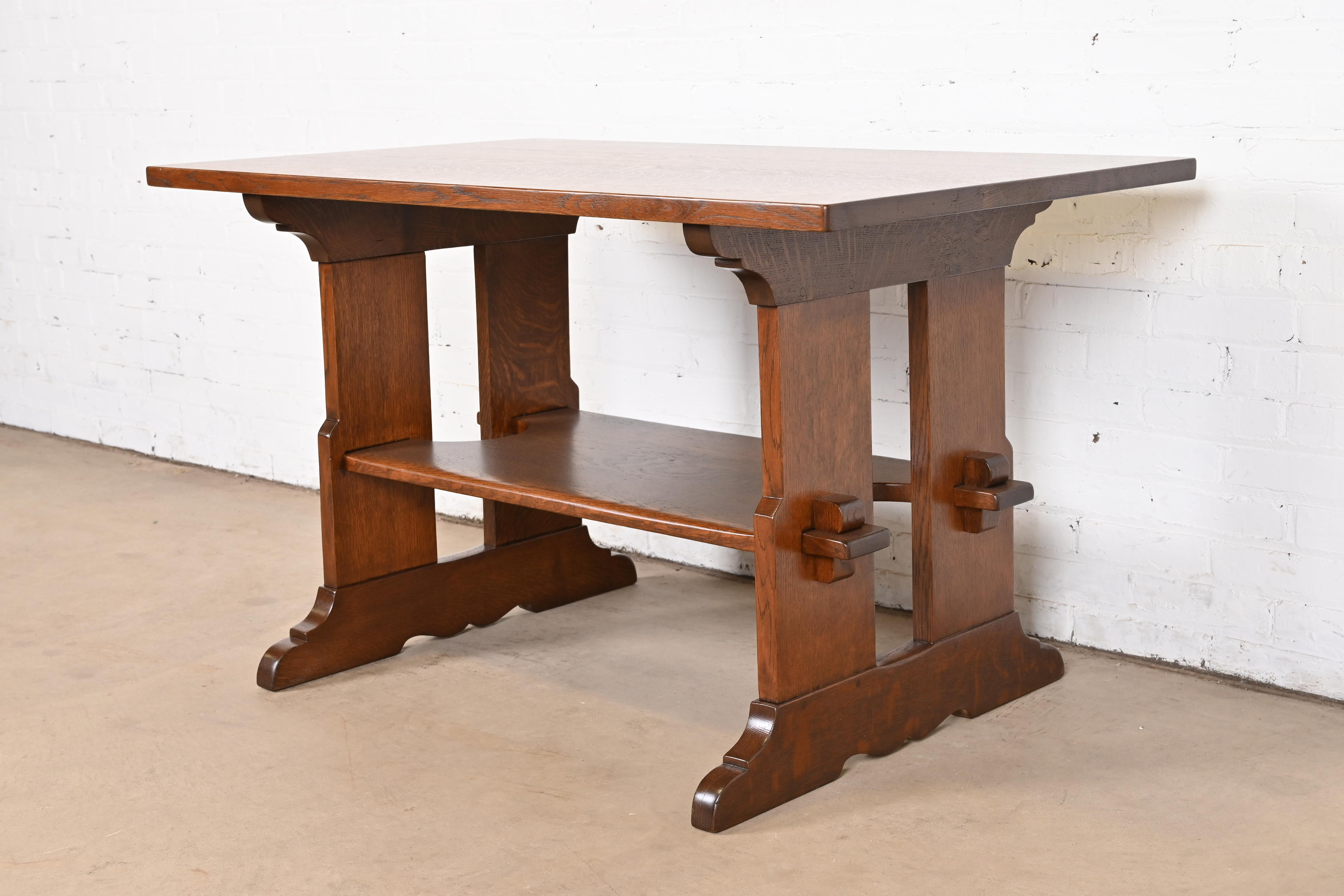 Gustav Stickley Mission Oak Arts & Crafts Trestle Library Table or Writing Desk, Newly Restored