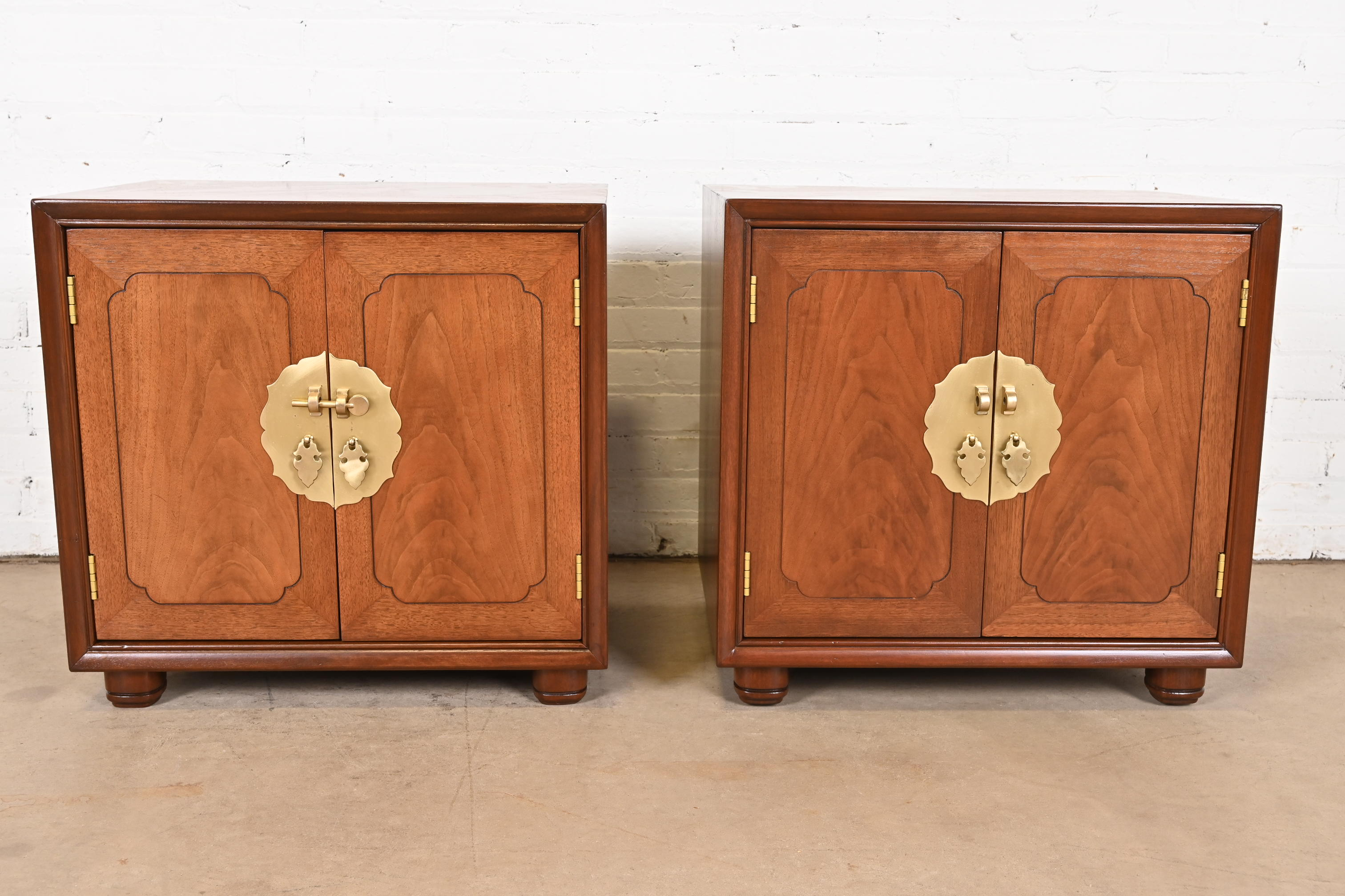 Mid-Century Hollywood Regency Chinoiserie Walnut Bedside Chests Attributed to Henredon, Newly Refinished
