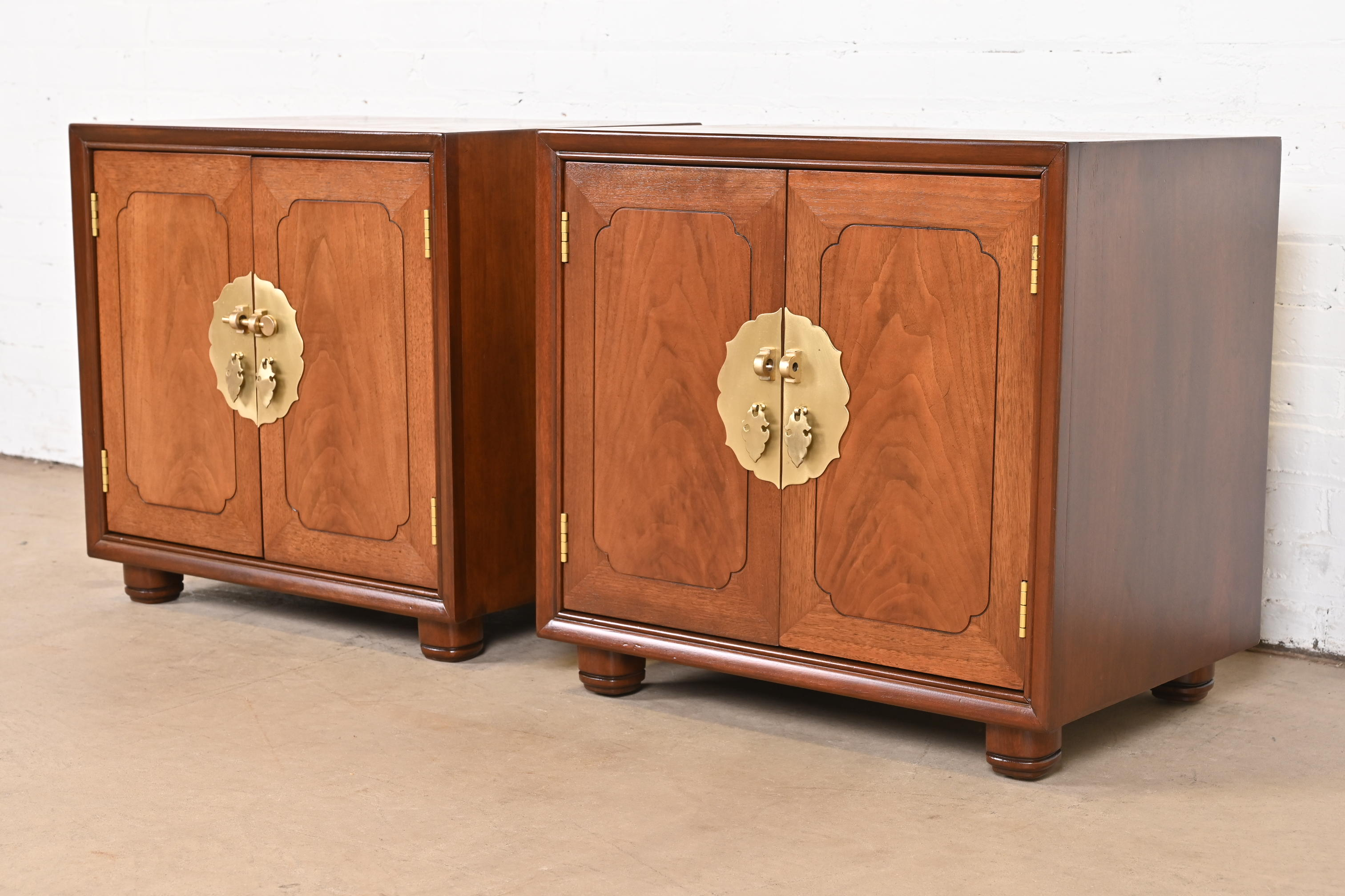 Mid-Century Hollywood Regency Chinoiserie Walnut Bedside Chests Attributed to Henredon, Newly Refinished - Image 2