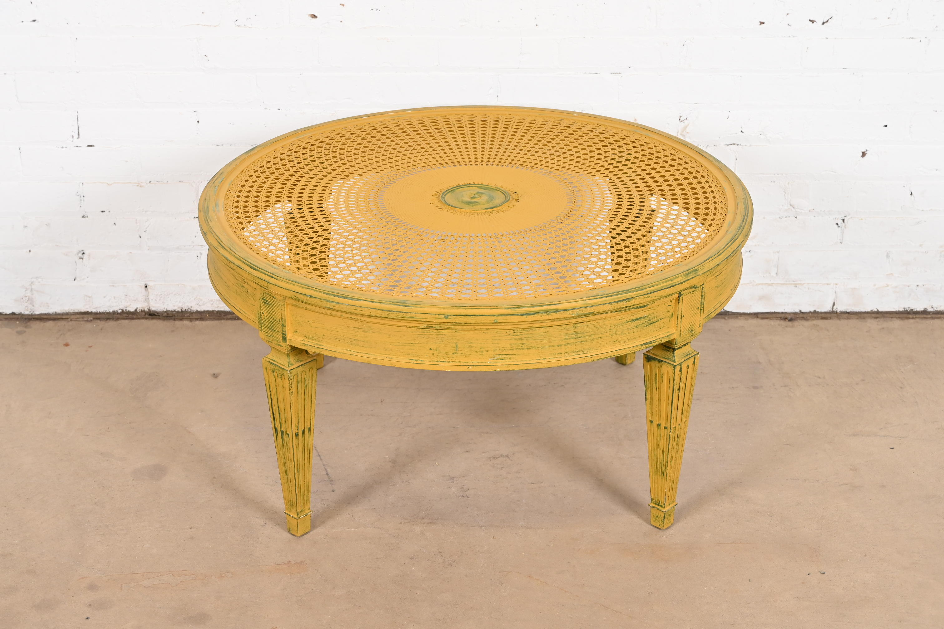 Baker Furniture Style French Regency Louis XVI Painted Cane Coffee Table or Cocktail Table - Image 3