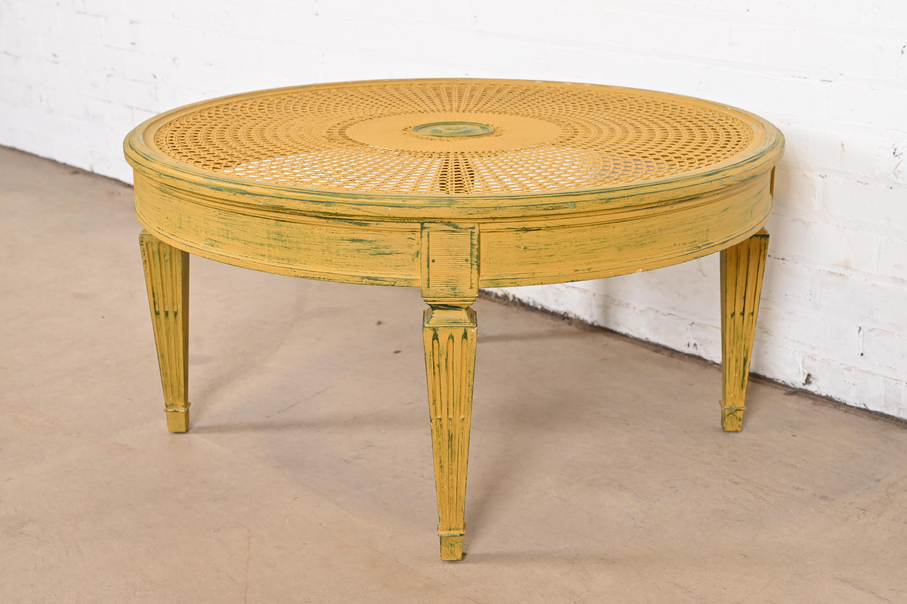 Baker Furniture Style French Regency Louis XVI Painted Cane Coffee Table or Cocktail Table