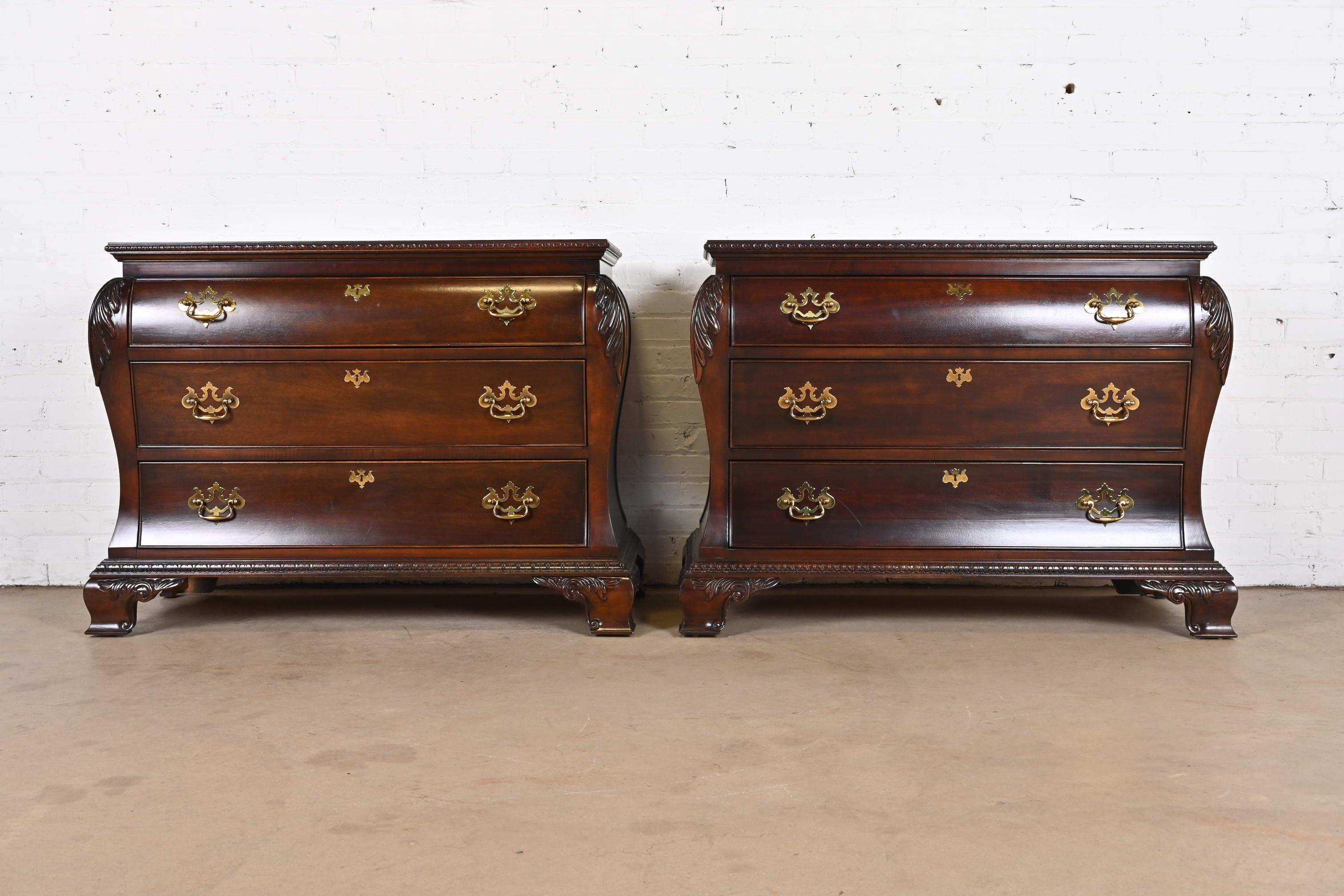 Century Furniture Georgian Carved Mahogany Bombay Dressers or Commodes, Pair