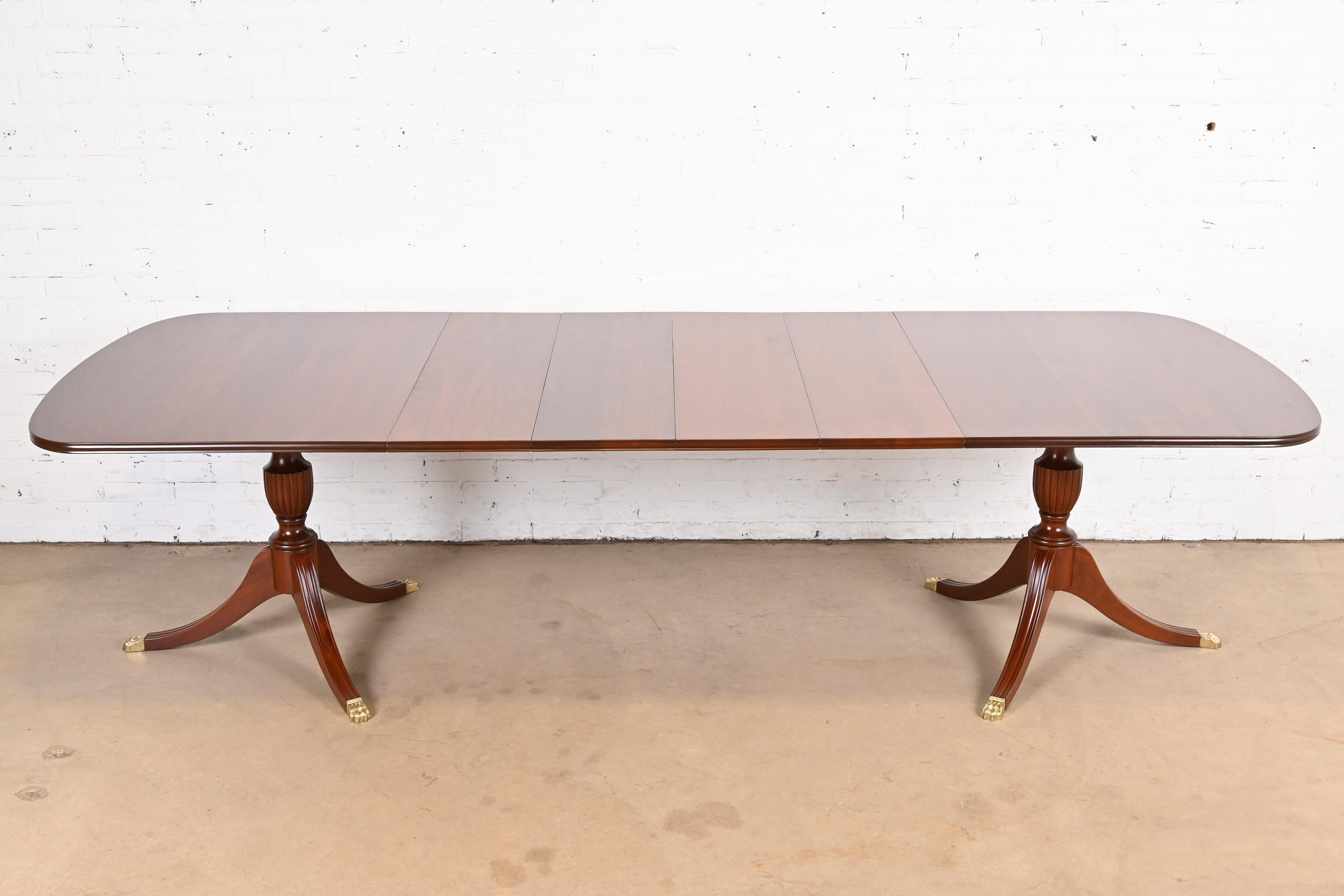 Henkel Harris Georgian Mahogany Double Pedestal Extension Dining Table, Newly Refinished