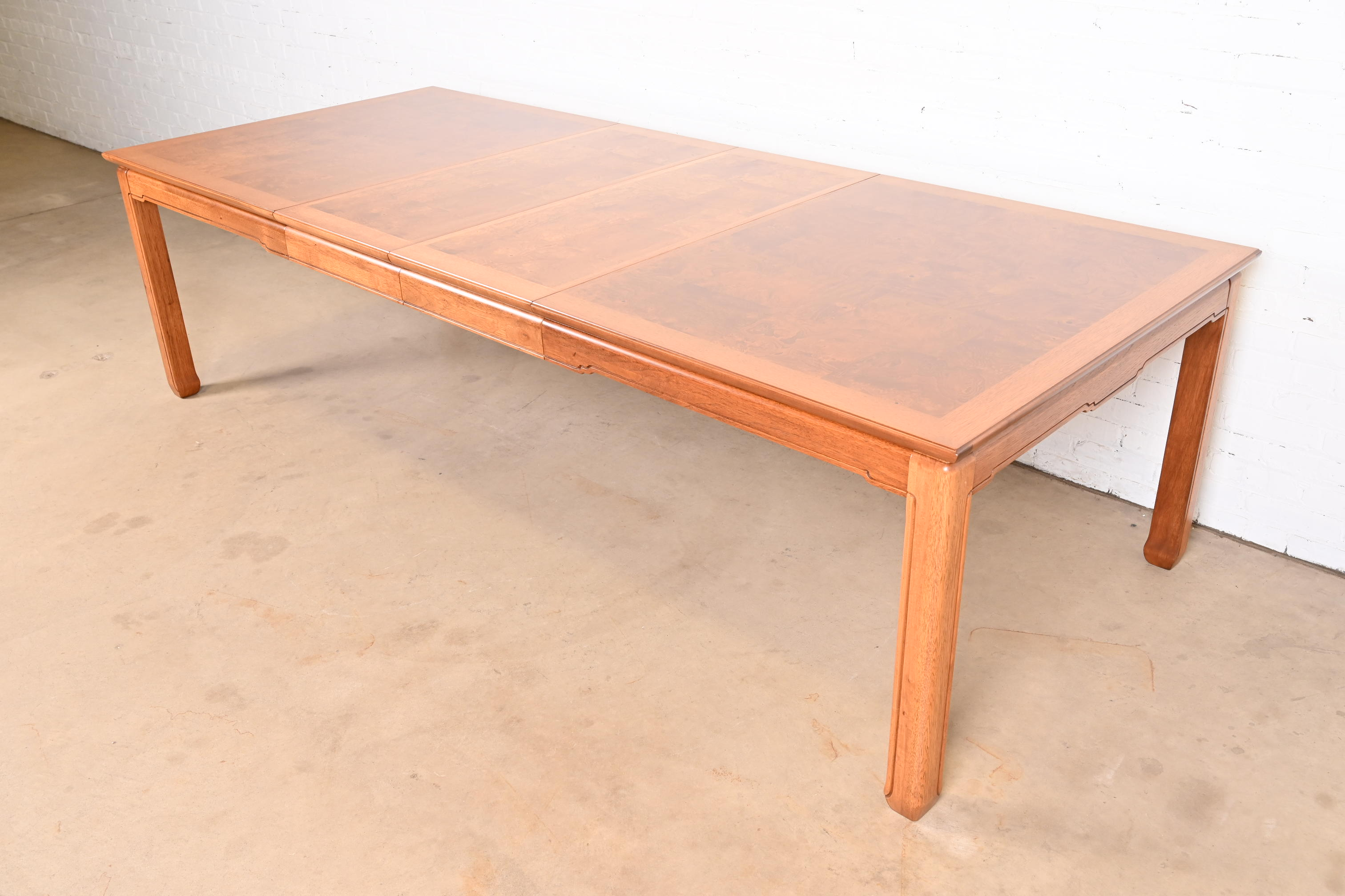 Henredon Mid-Century Hollywood Regency Burl Wood Extension Dining Table, Newly Refinished