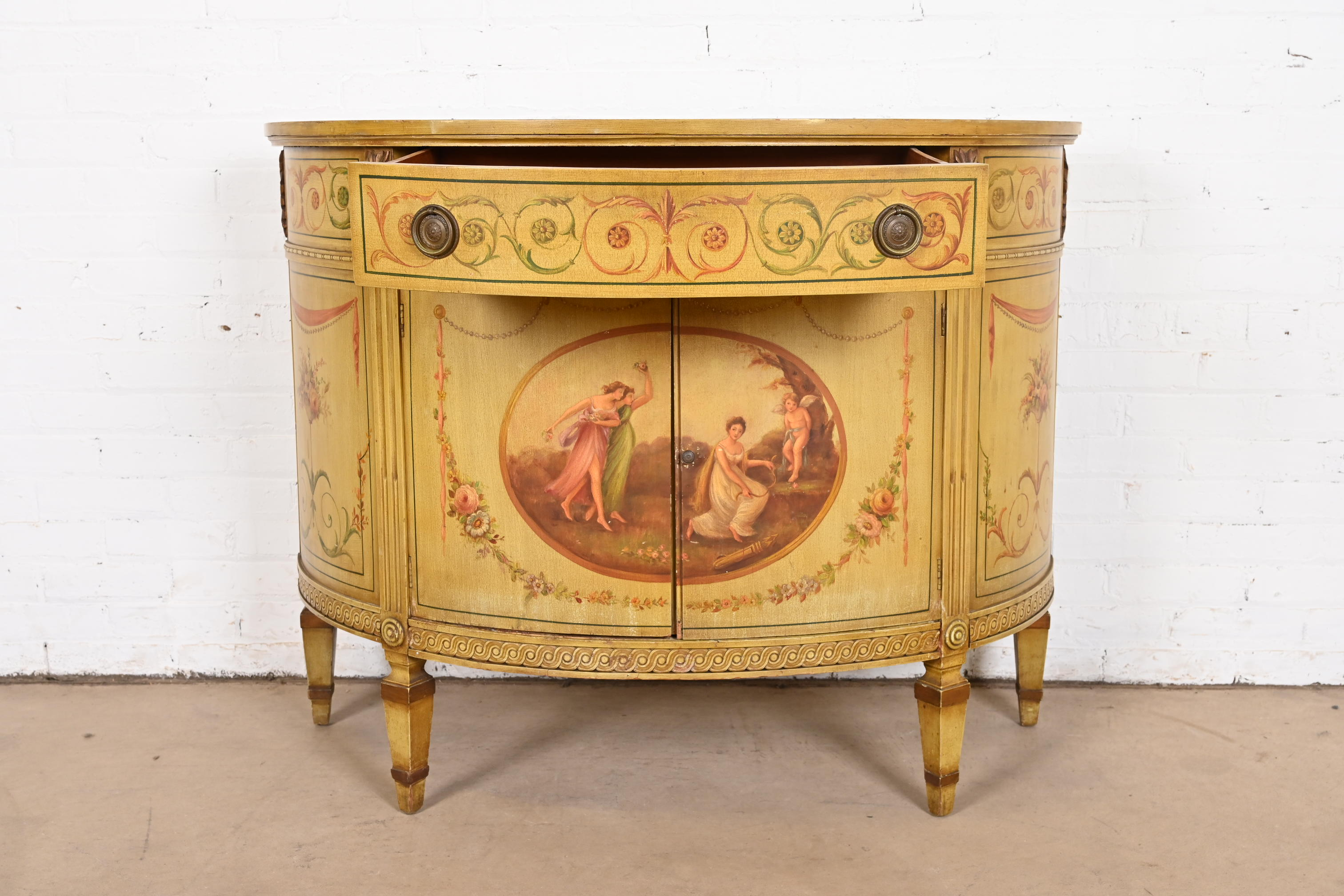 Italian Neoclassical Hand Painted Demilune Console or Bar Cabinet - Image 5