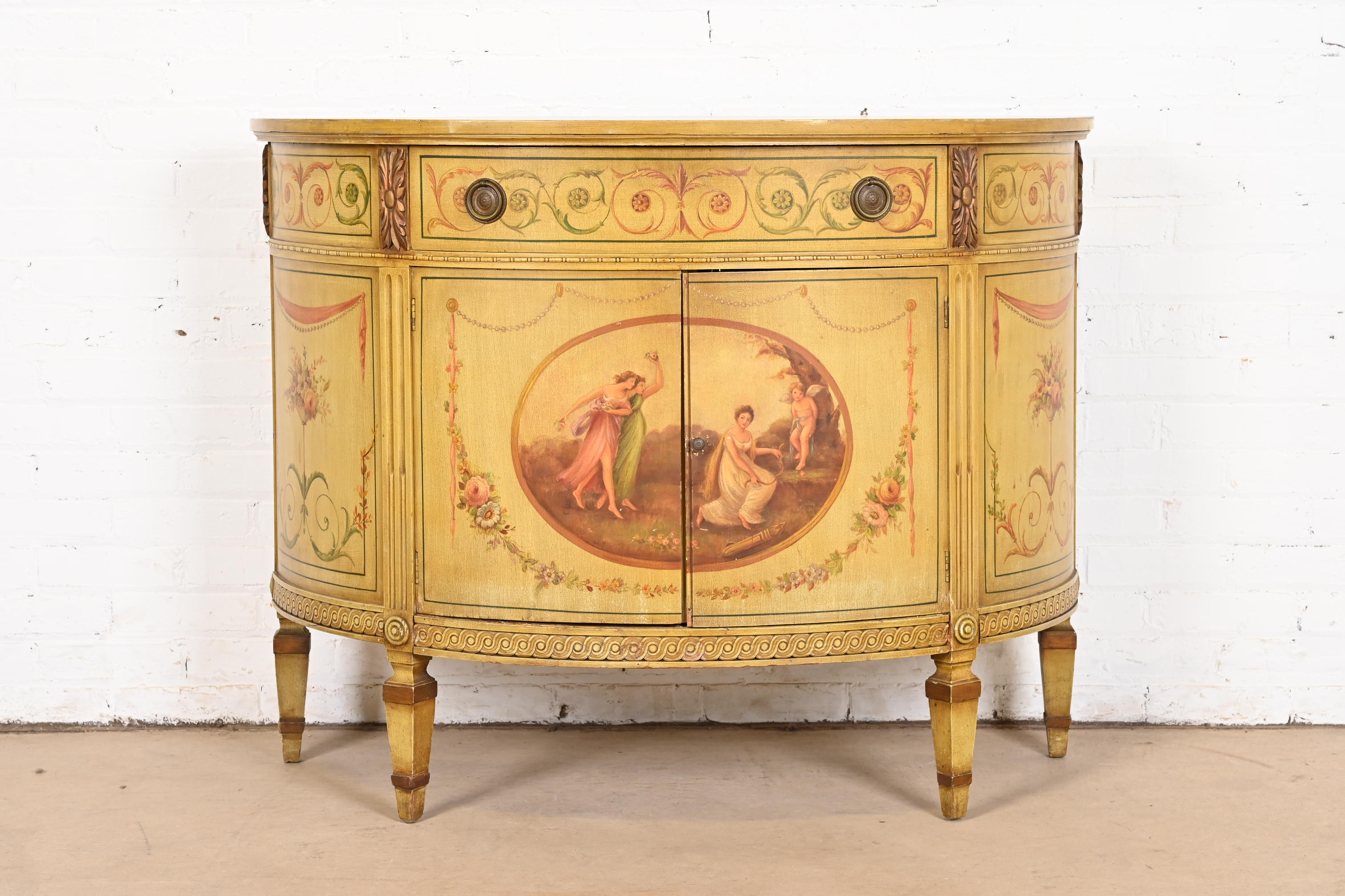 Italian Neoclassical Hand Painted Demilune Console or Bar Cabinet - Image 2