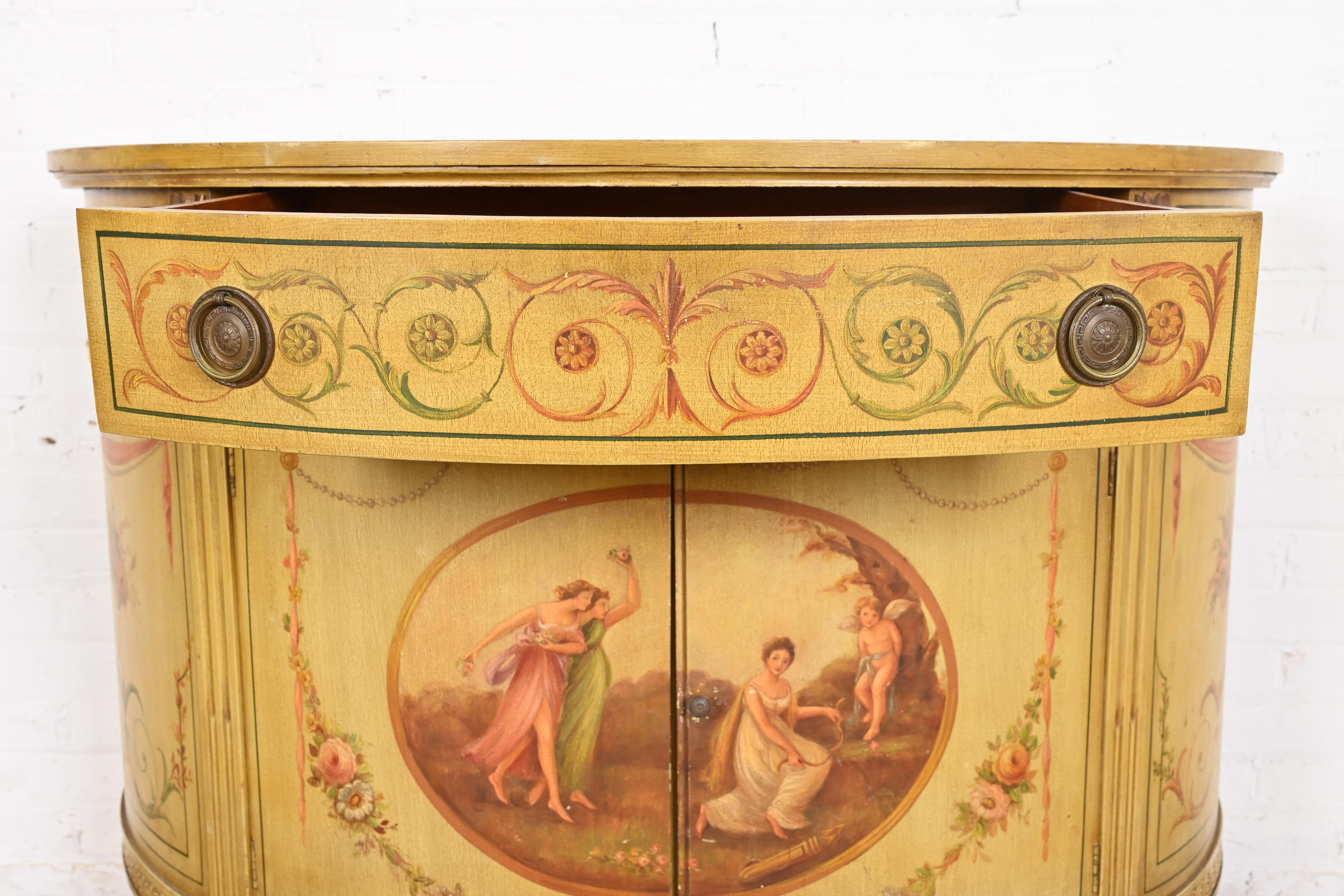 Italian Neoclassical Hand Painted Demilune Console or Bar Cabinet - Image 6