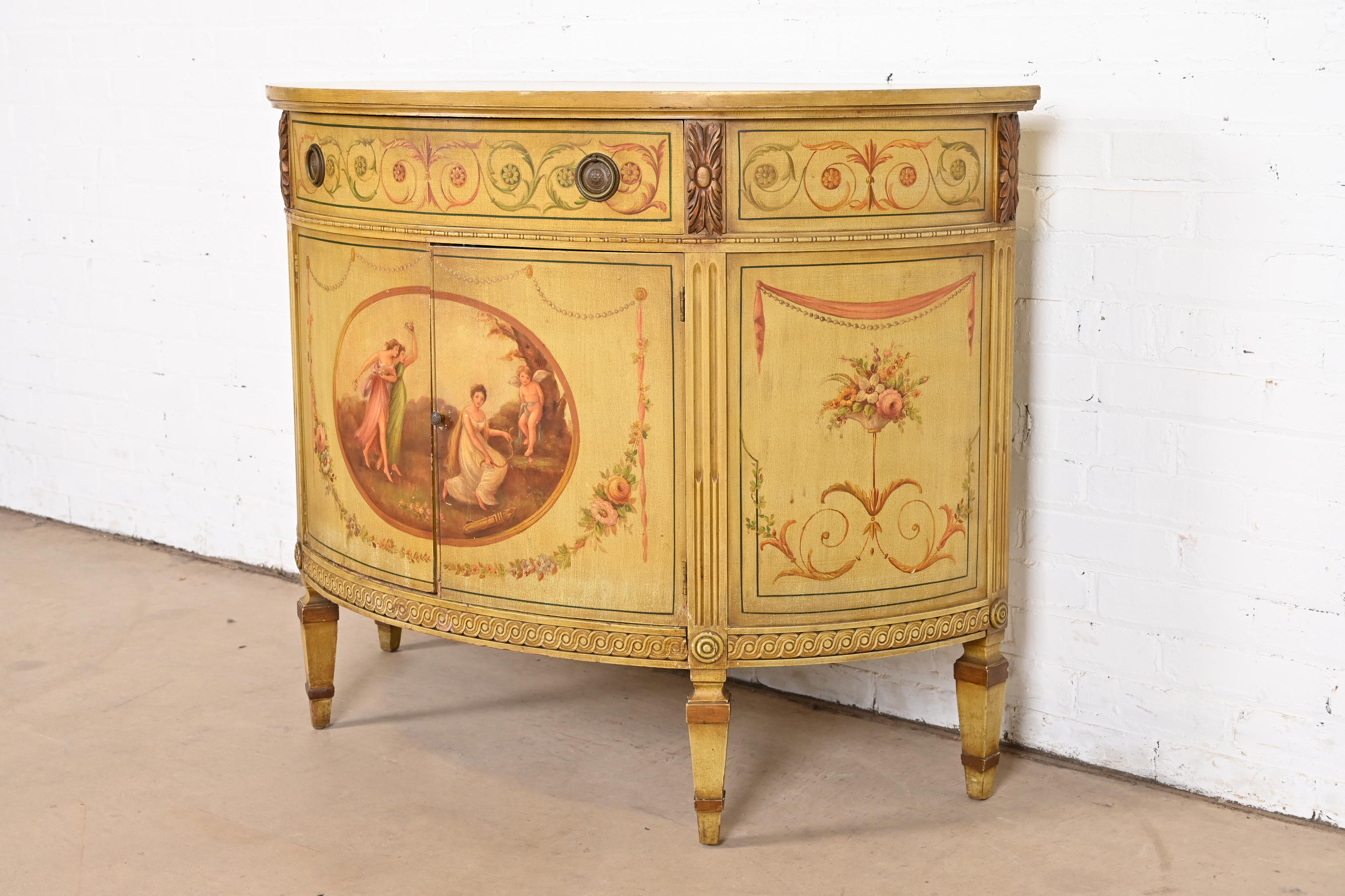 Italian Neoclassical Hand Painted Demilune Console or Bar Cabinet - Image 3