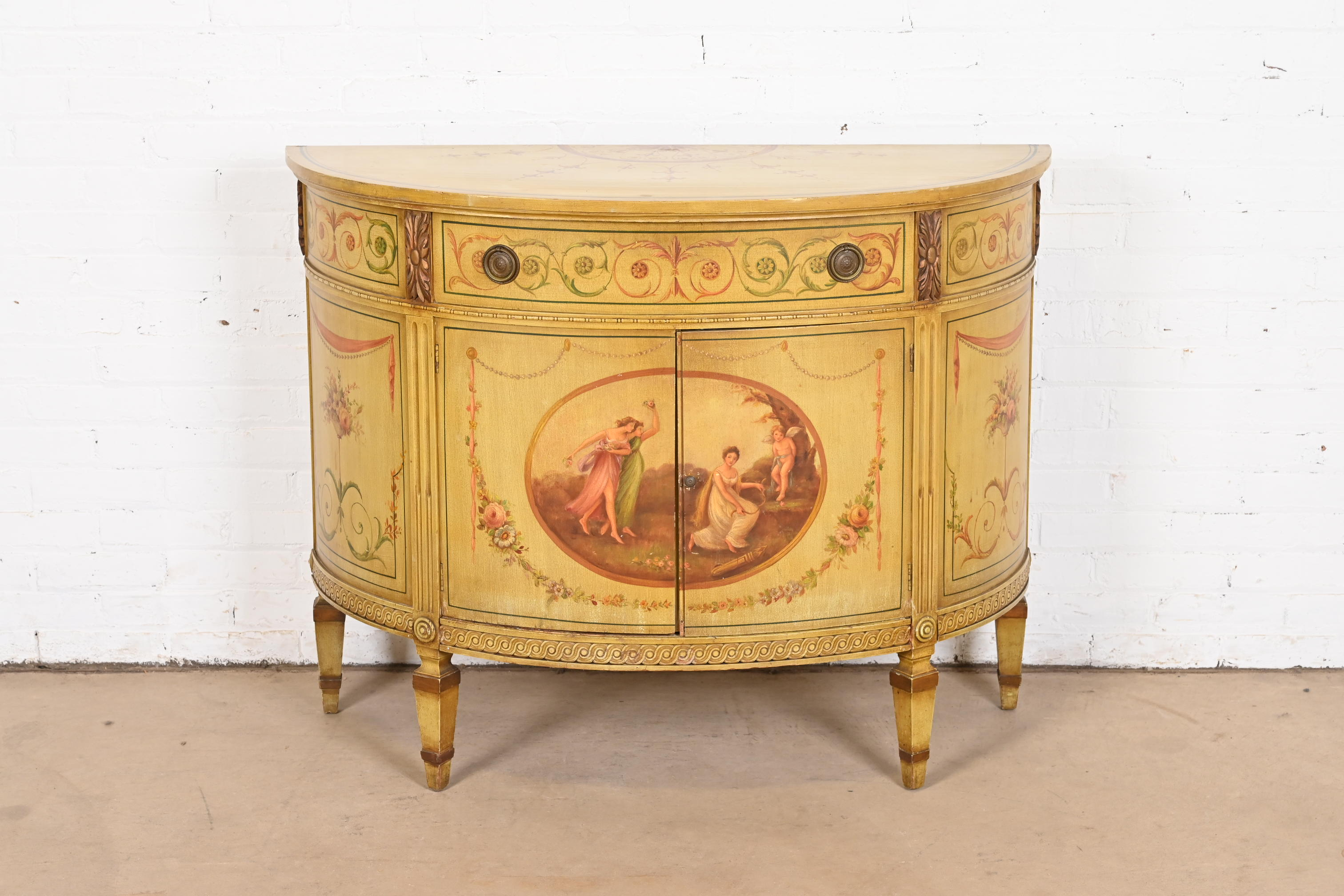 Italian Neoclassical Hand Painted Demilune Console or Bar Cabinet