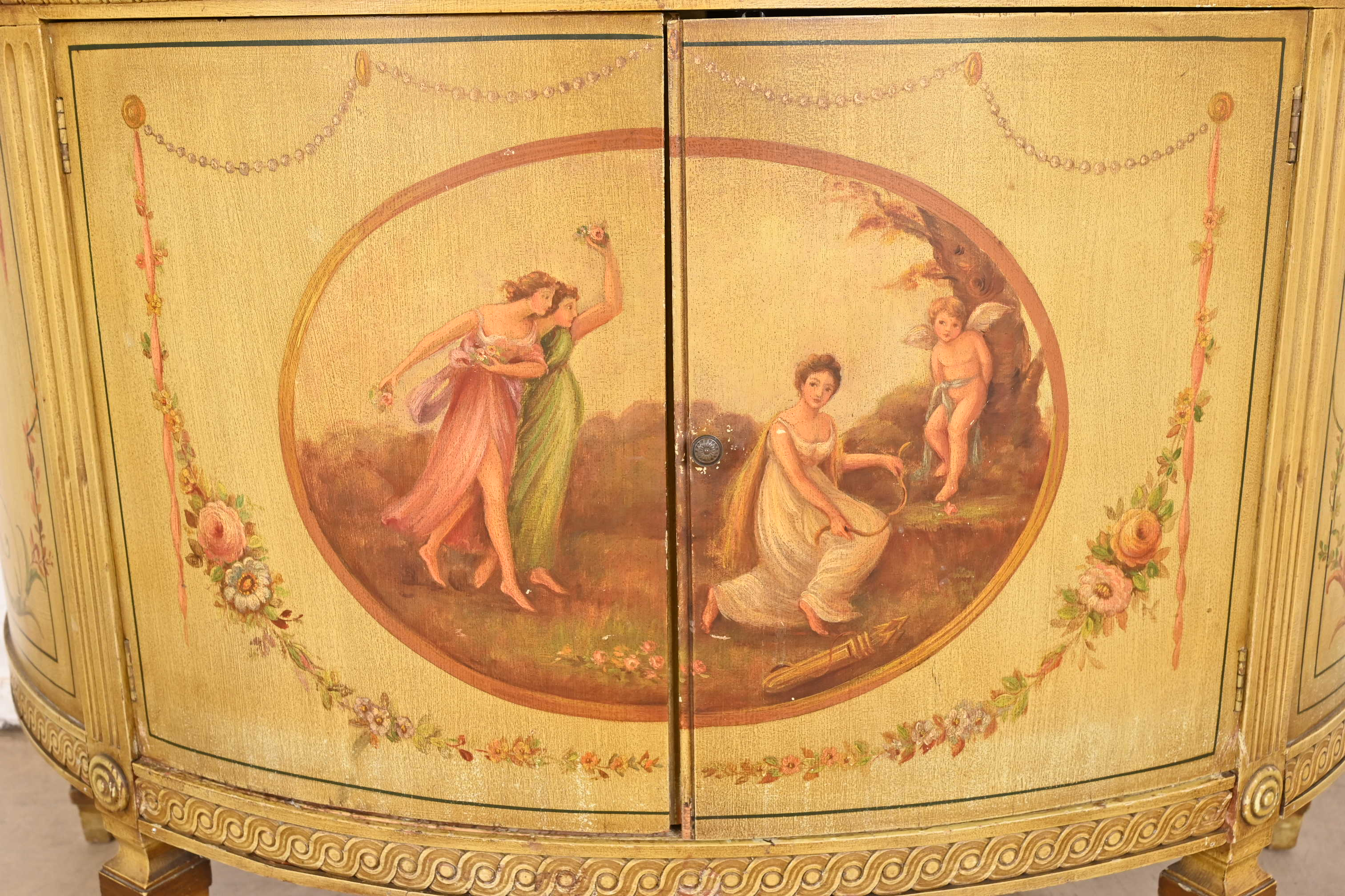 Italian Neoclassical Hand Painted Demilune Console or Bar Cabinet - Image 7