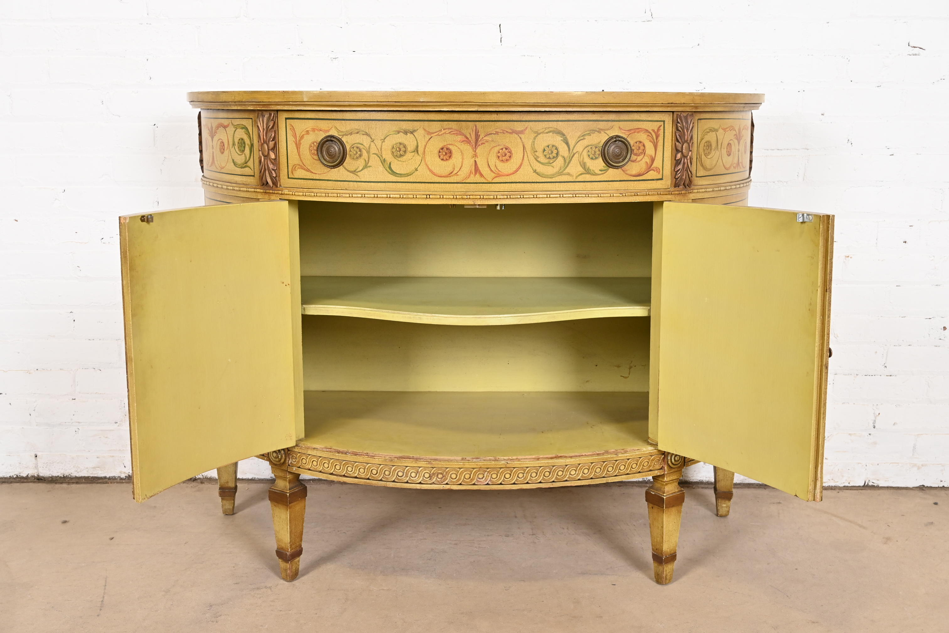 Italian Neoclassical Hand Painted Demilune Console or Bar Cabinet - Image 8