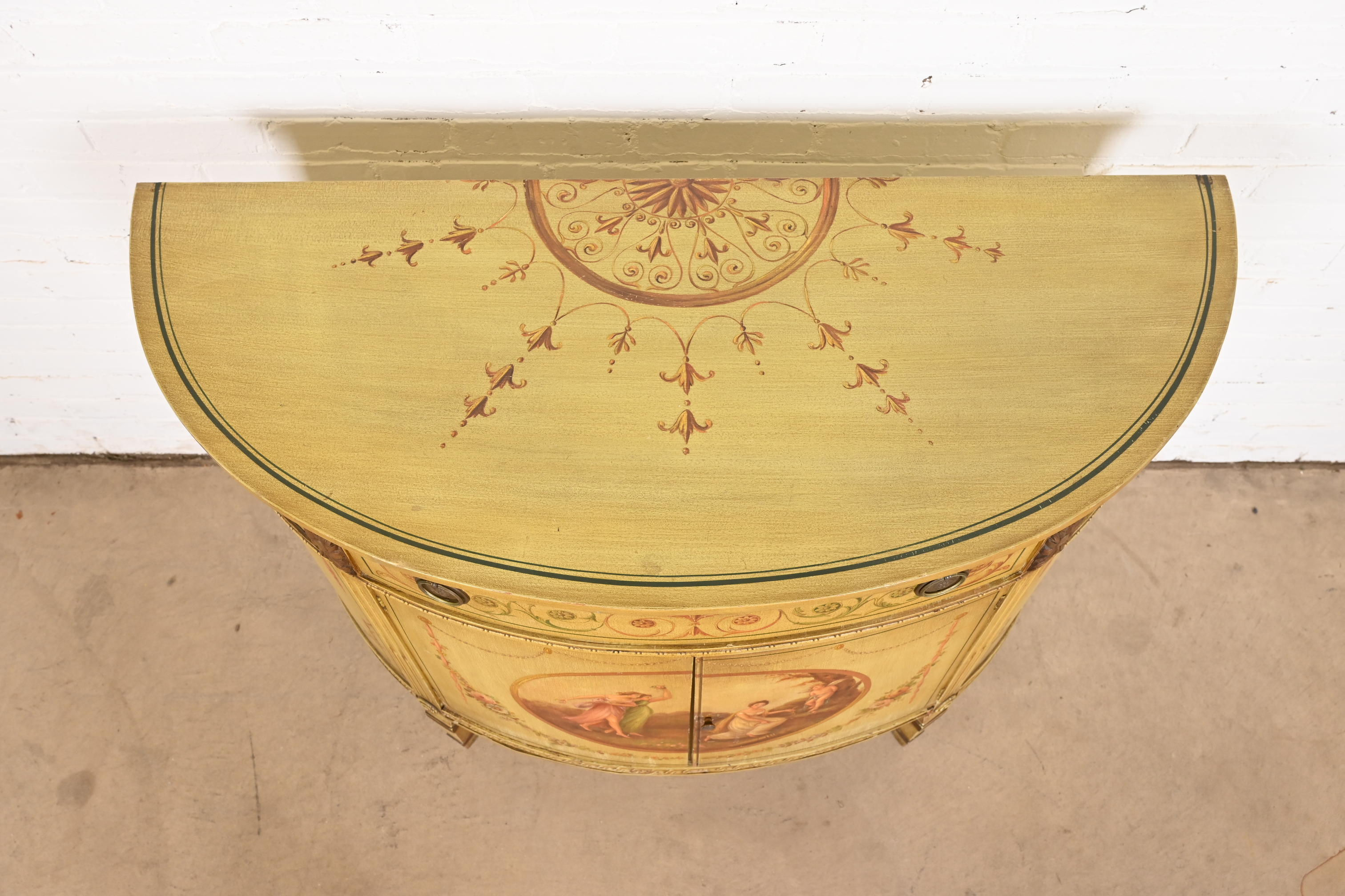 Italian Neoclassical Hand Painted Demilune Console or Bar Cabinet - Image 9