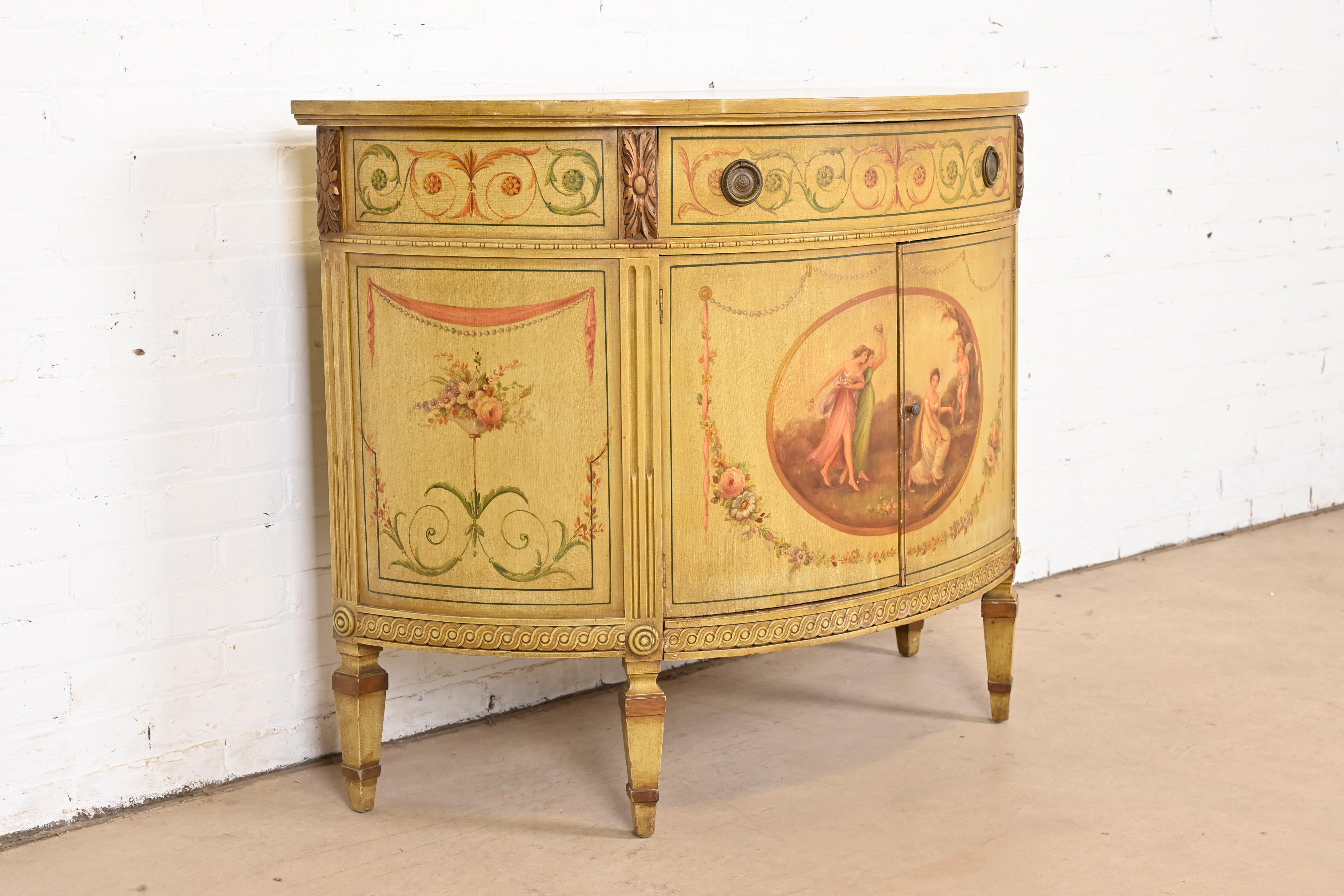 Italian Neoclassical Hand Painted Demilune Console or Bar Cabinet - Image 4