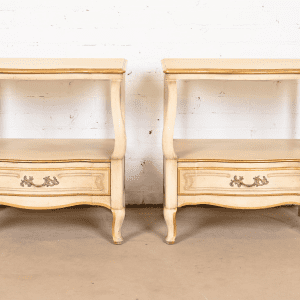 John Widdicomb French Provincial Louis XV Cream Lacquered and Parcel Gilt Nightstands, Circa 1950s