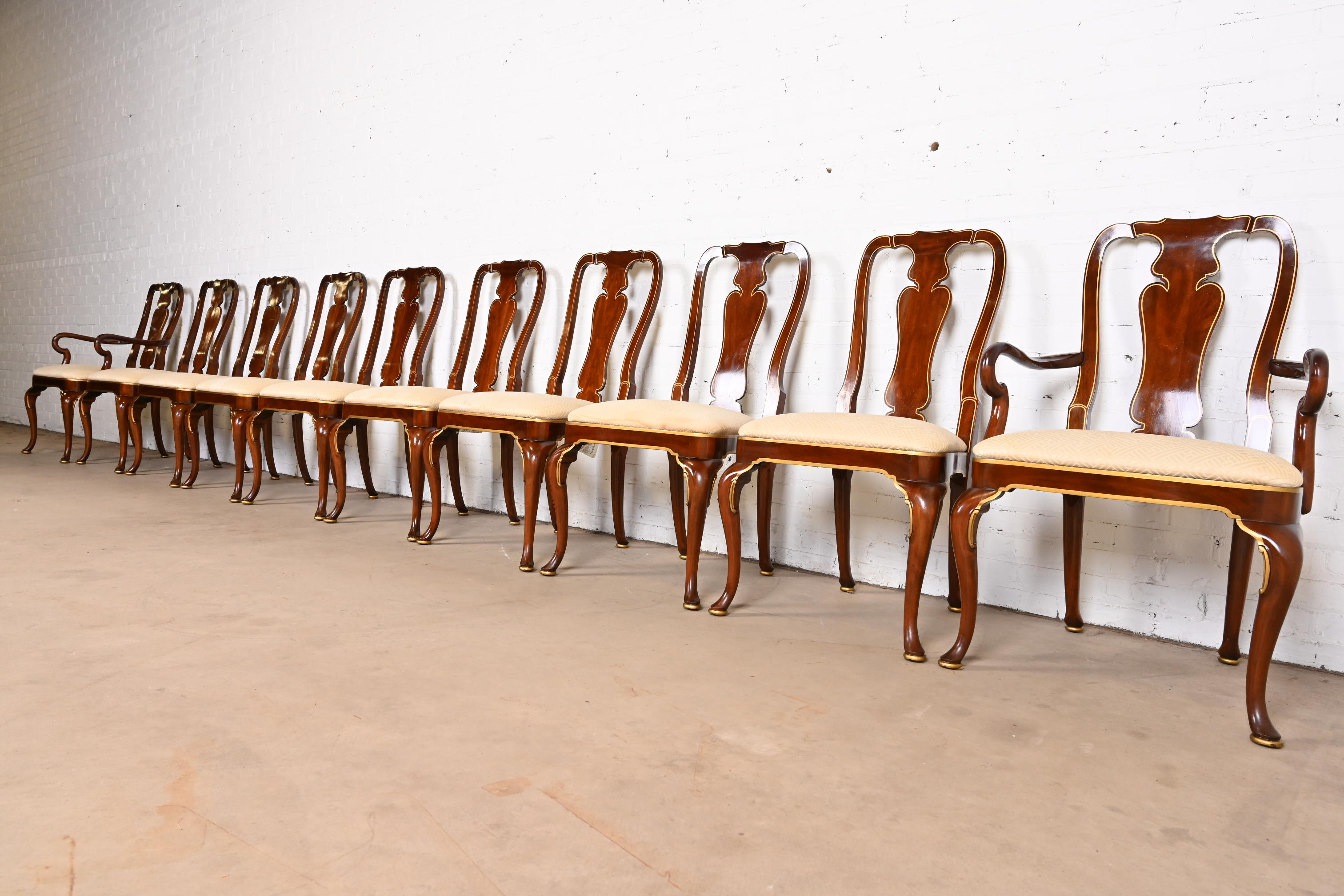 Kindel Furniture Queen Anne Carved Mahogany and Gold Gilt Dining Chairs, Set of Ten