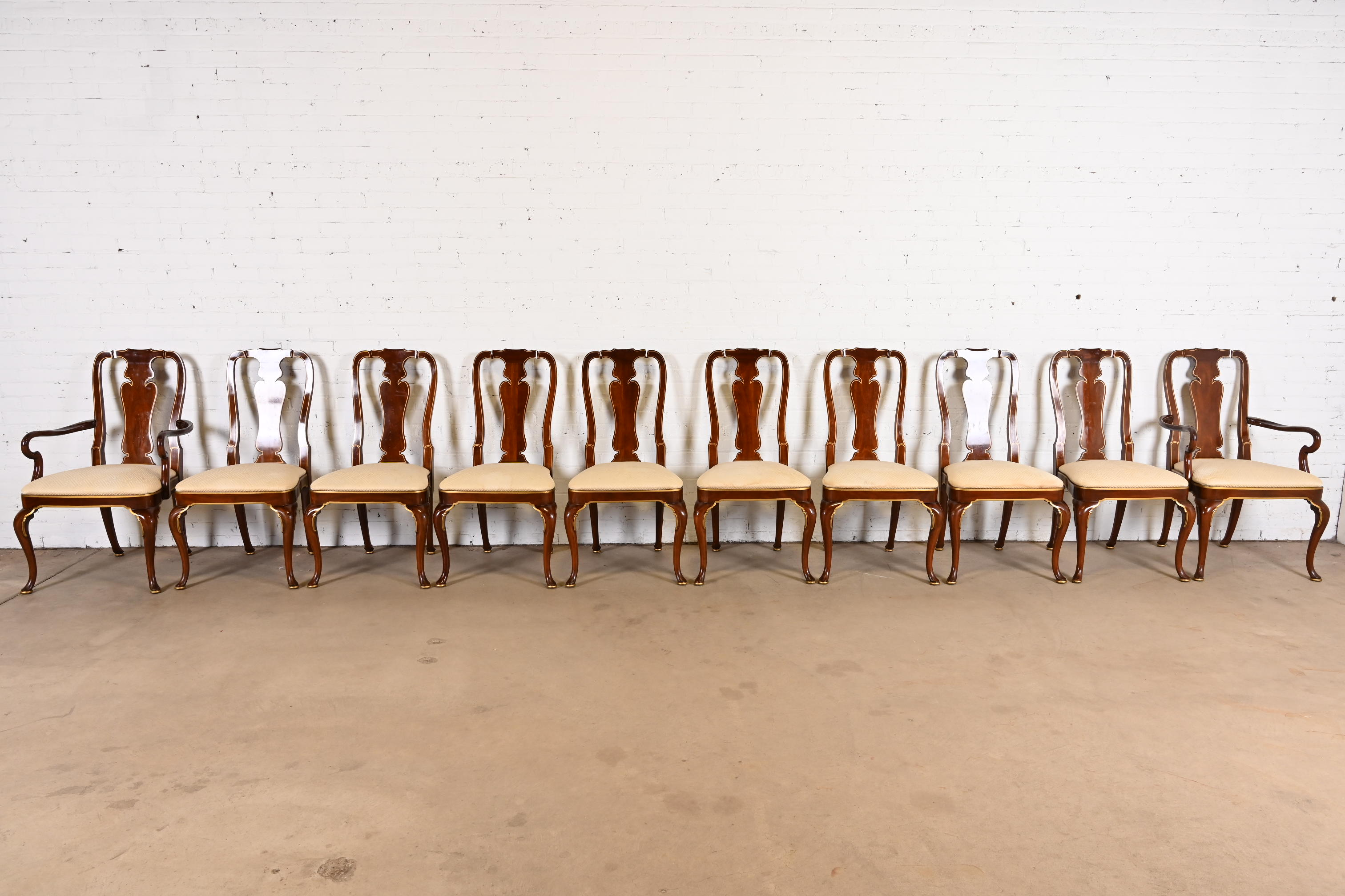 Kindel Furniture Queen Anne Carved Mahogany and Gold Gilt Dining Chairs, Set of Ten - Image 2