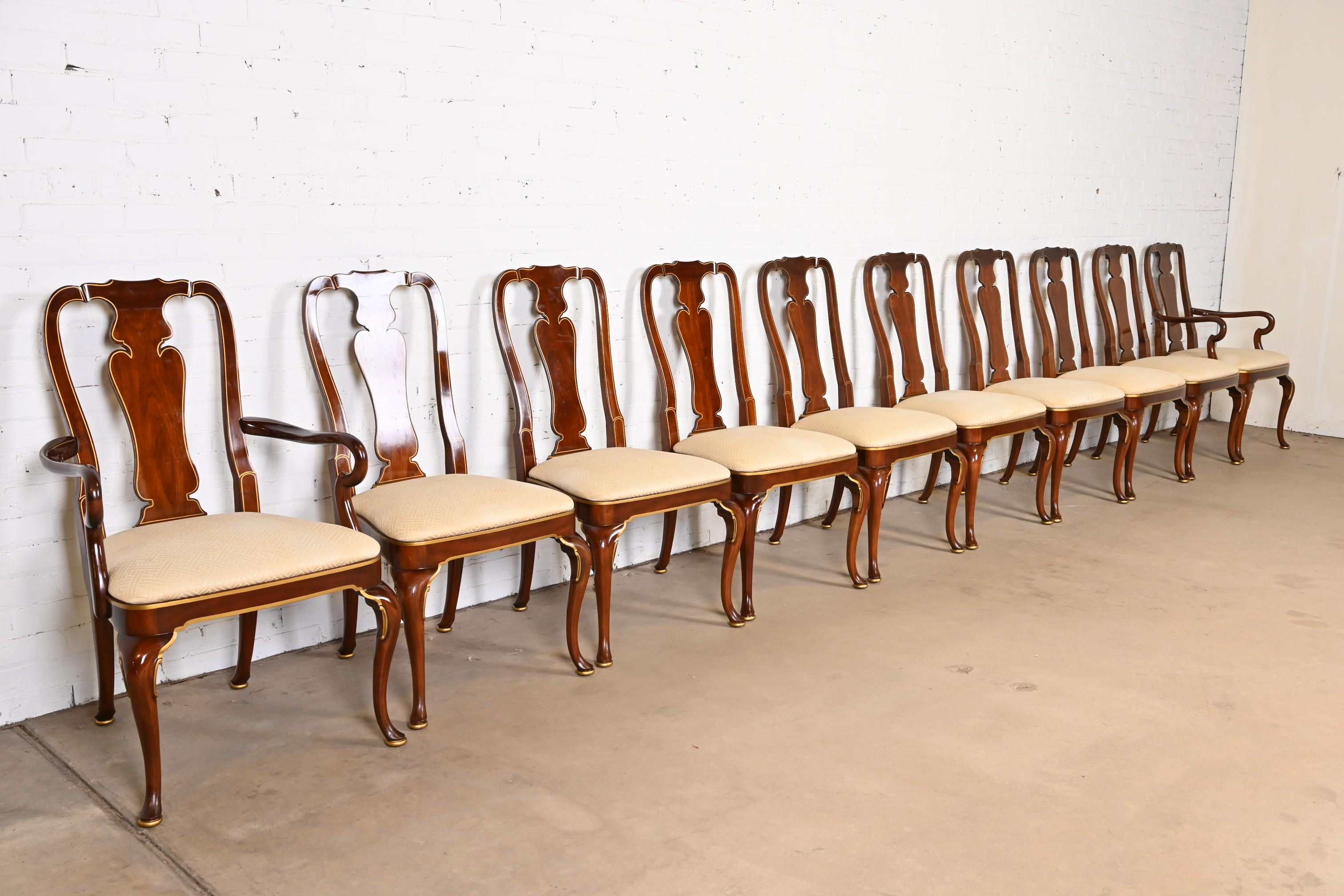 Kindel Furniture Queen Anne Carved Mahogany and Gold Gilt Dining Chairs, Set of Ten - Image 4