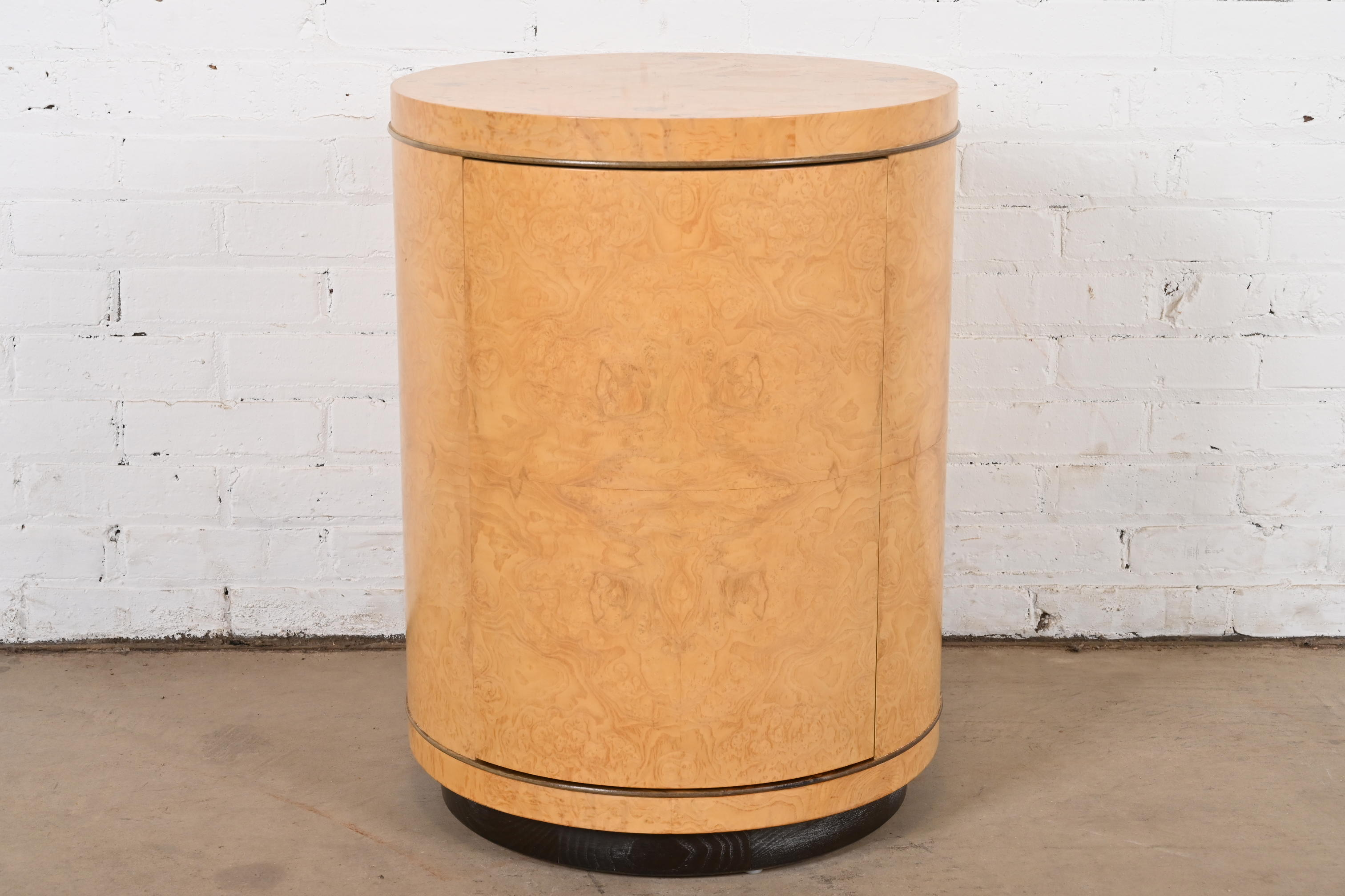 Milo Baughman Style Burl Wood Drum Side Table by Henredon