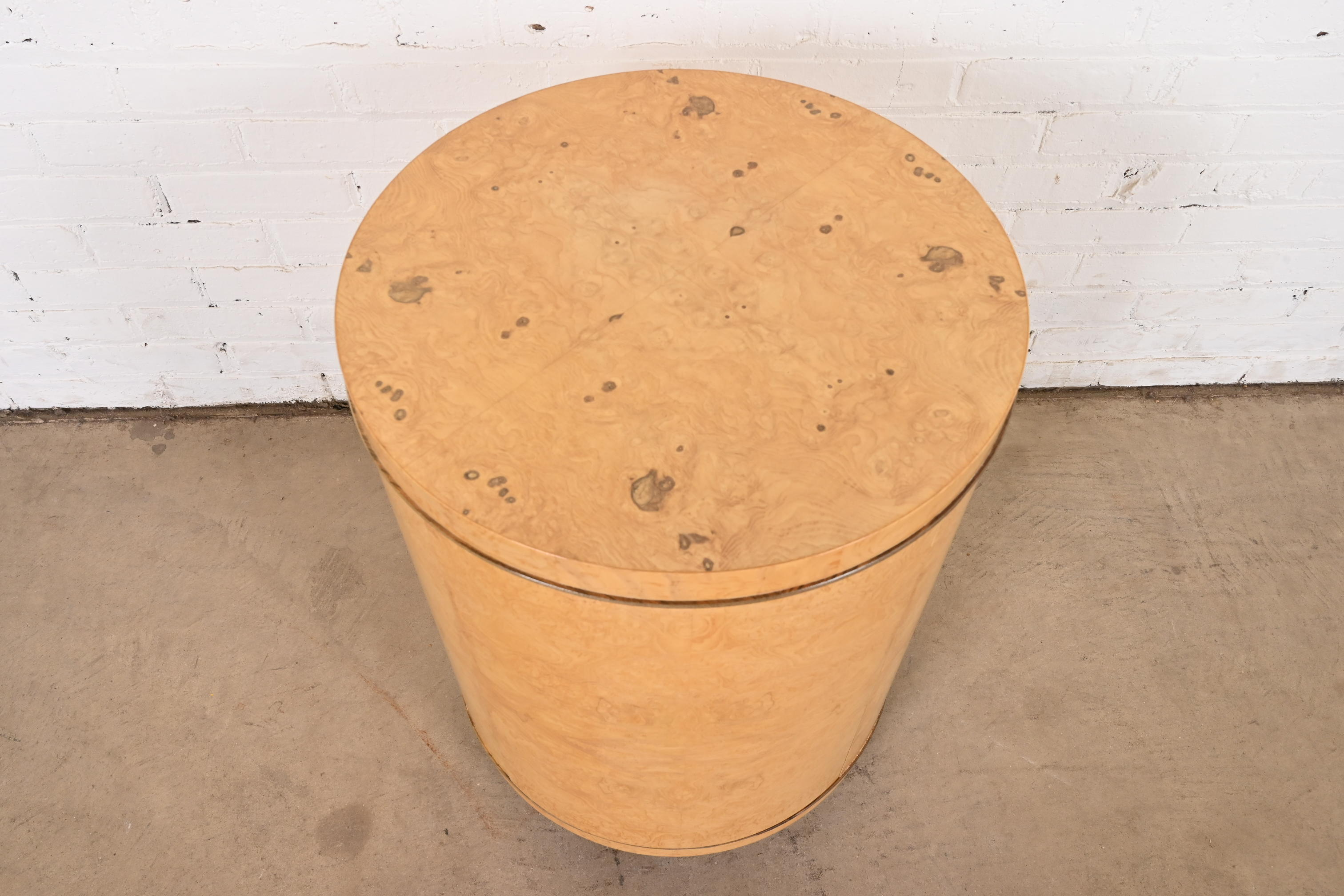Milo Baughman Style Burl Wood Drum Side Table by Henredon - Image 6