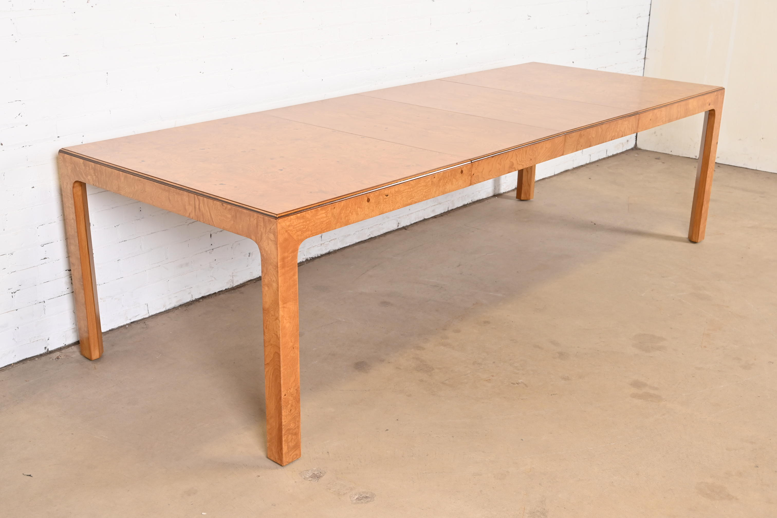 Milo Baughman Style Burl Wood Parsons Extension Dining Table by Henredon, Newly Refinished - Image 5