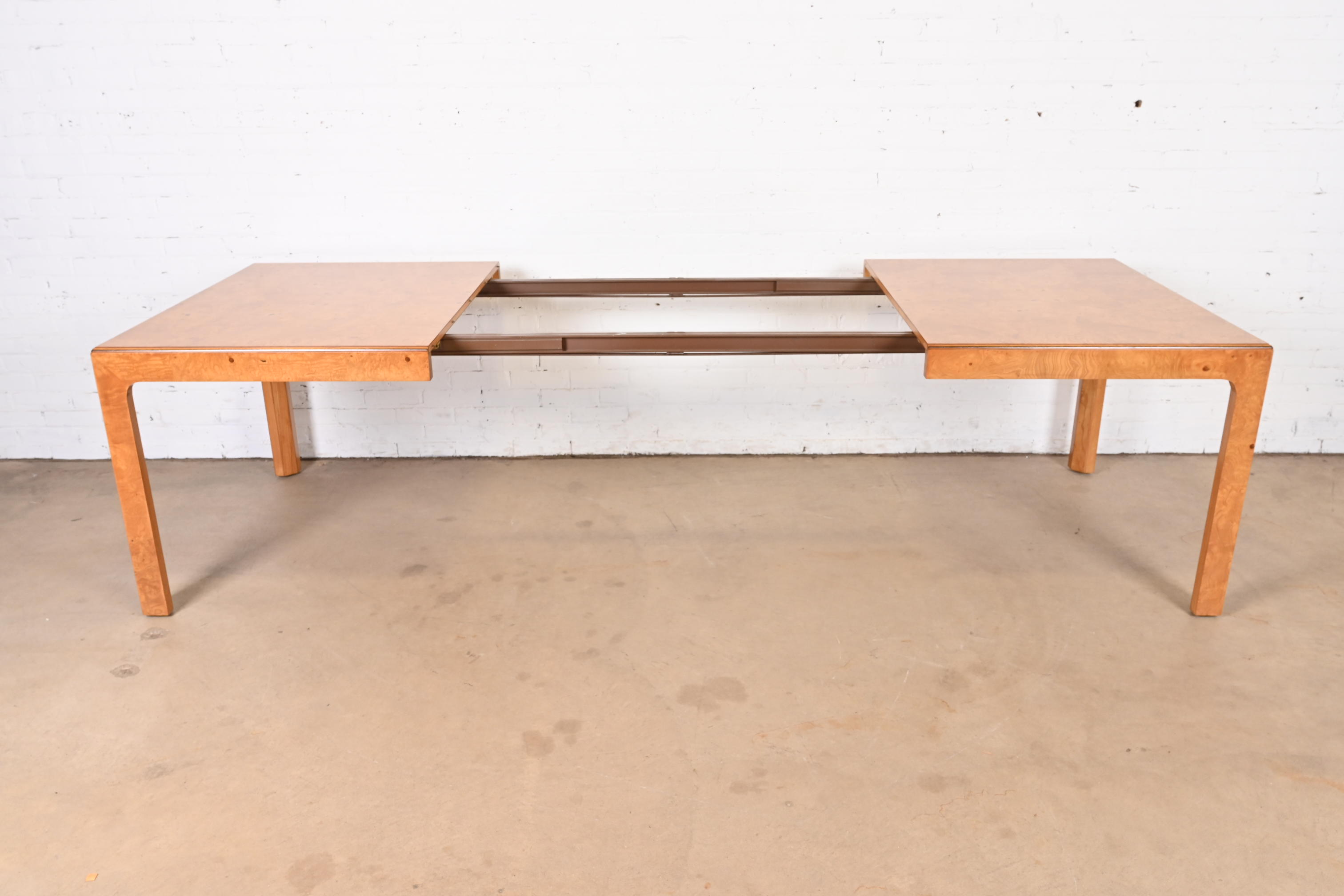 Milo Baughman Style Burl Wood Parsons Extension Dining Table by Henredon, Newly Refinished - Image 7