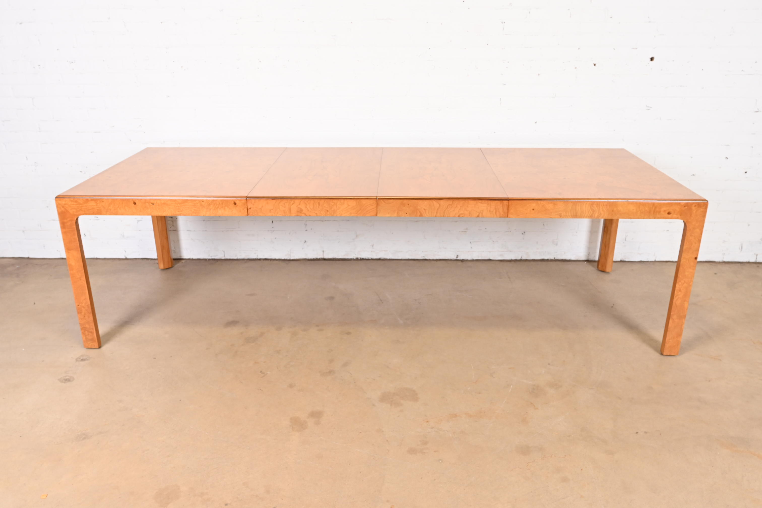 Milo Baughman Style Burl Wood Parsons Extension Dining Table by Henredon, Newly Refinished - Image 2