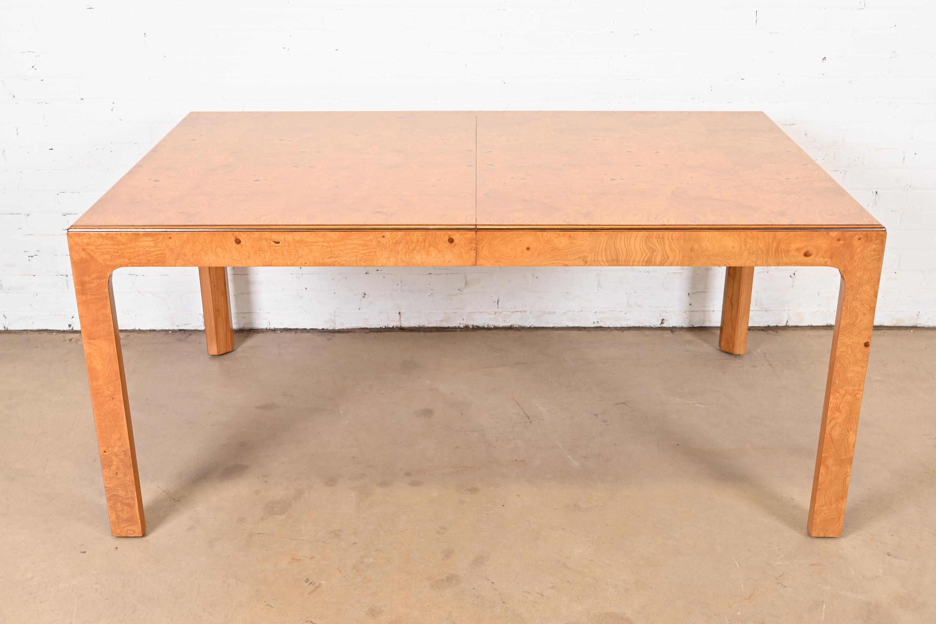 Milo Baughman Style Burl Wood Parsons Extension Dining Table by Henredon, Newly Refinished - Image 8