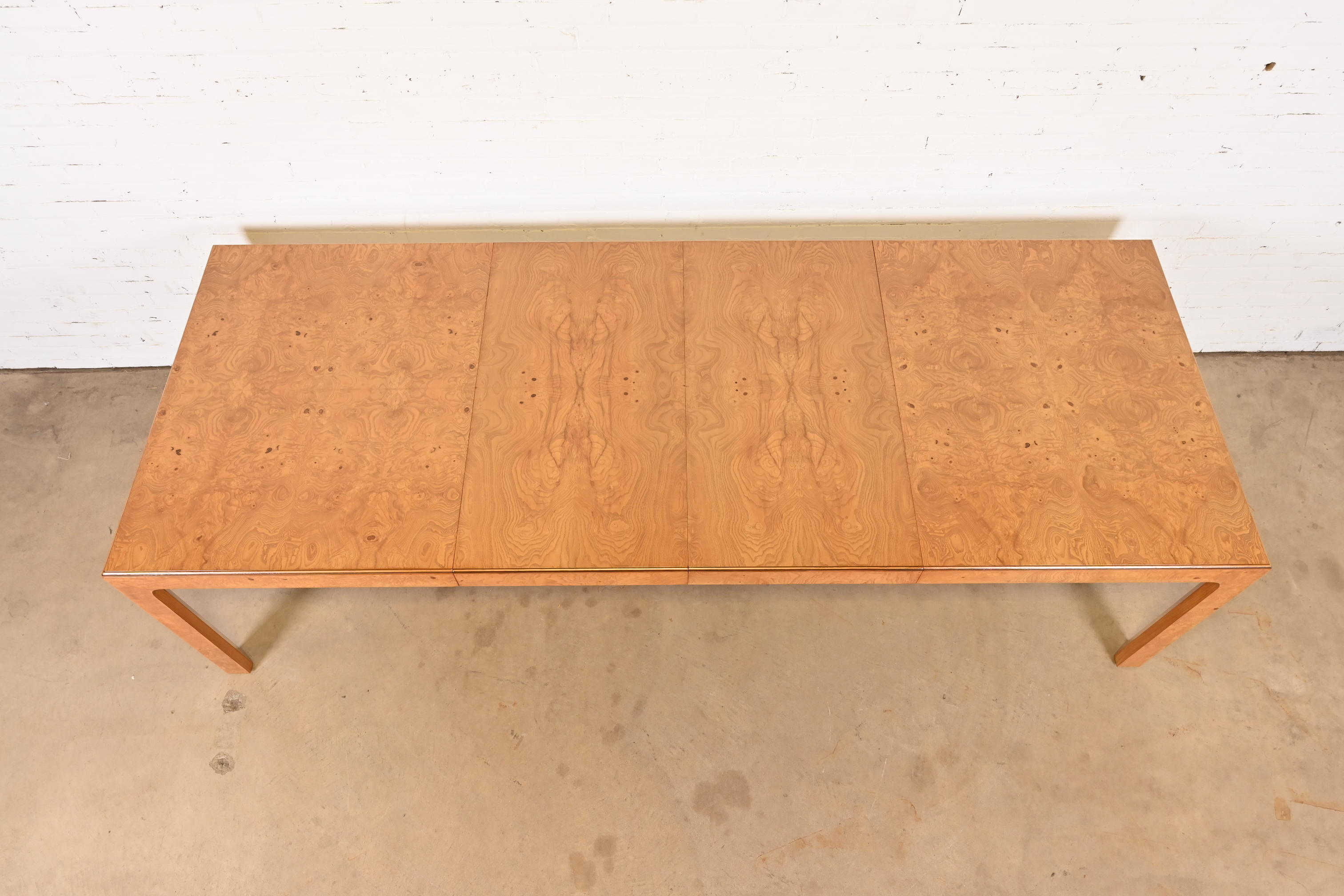Milo Baughman Style Burl Wood Parsons Extension Dining Table by Henredon, Newly Refinished - Image 6