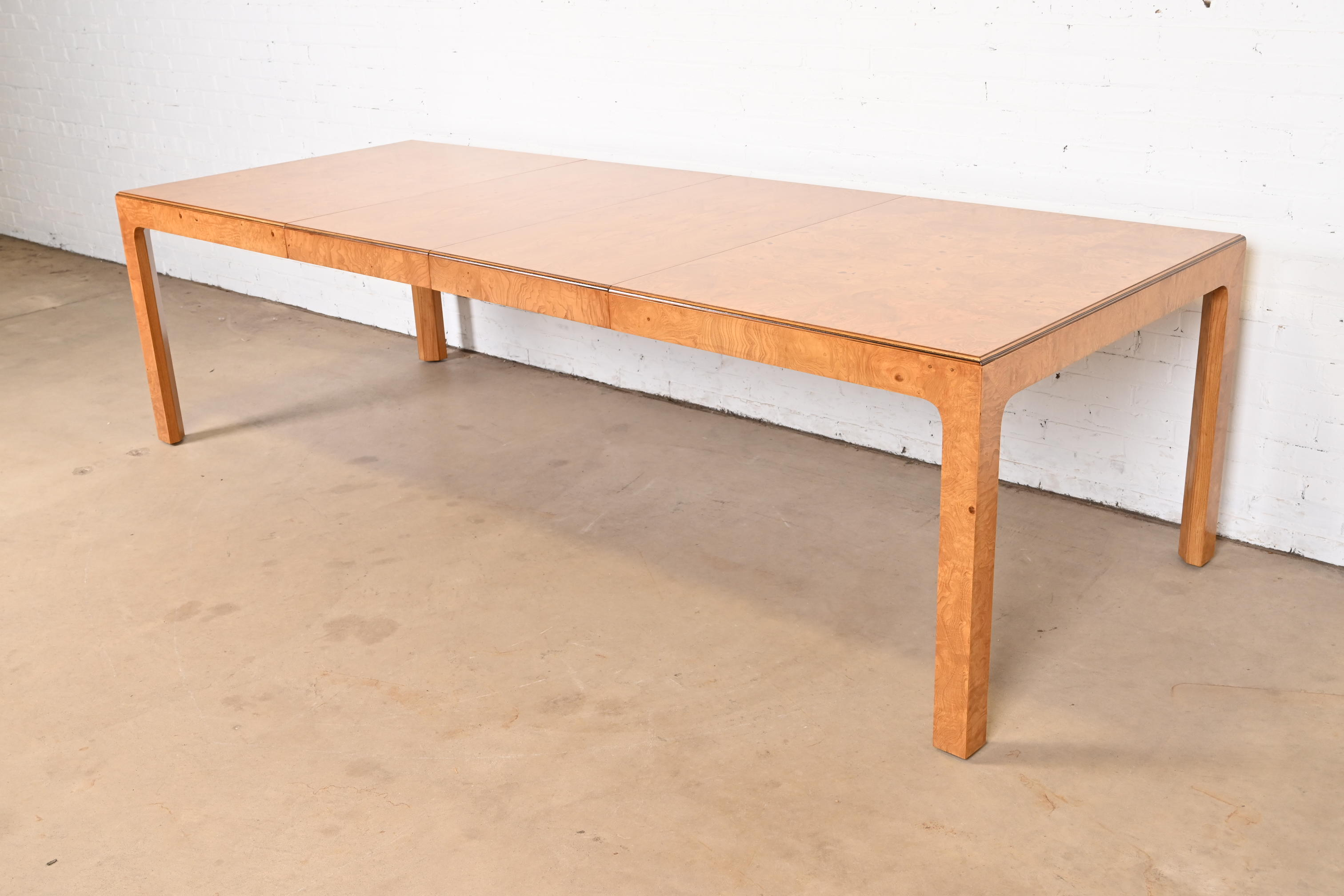 Milo Baughman Style Burl Wood Parsons Extension Dining Table by Henredon, Newly Refinished
