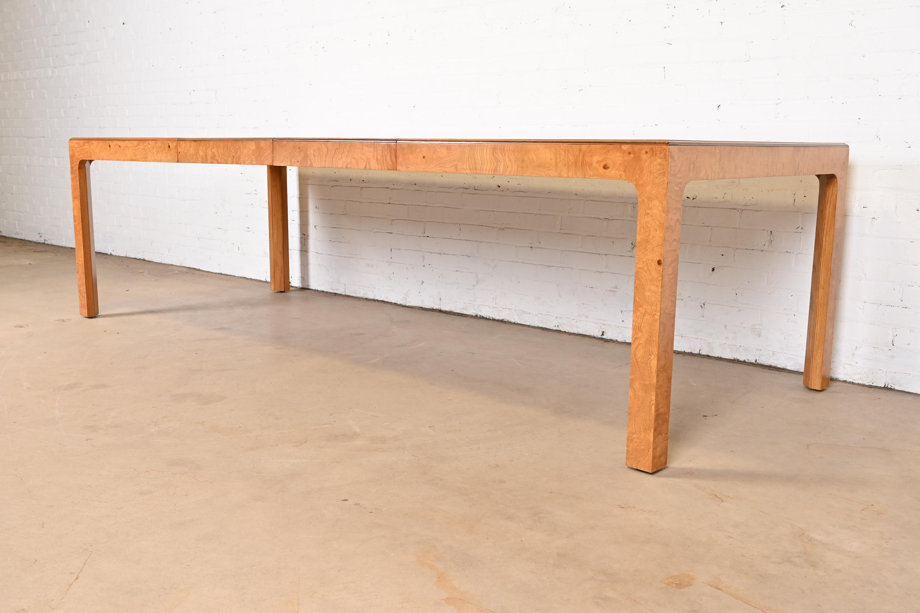 Milo Baughman Style Burl Wood Parsons Extension Dining Table by Henredon, Newly Refinished - Image 4