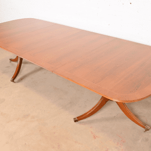 Baker Furniture Style Georgian Banded Cherry Wood Double Pedestal Extension Dining Table, Newly Refinished