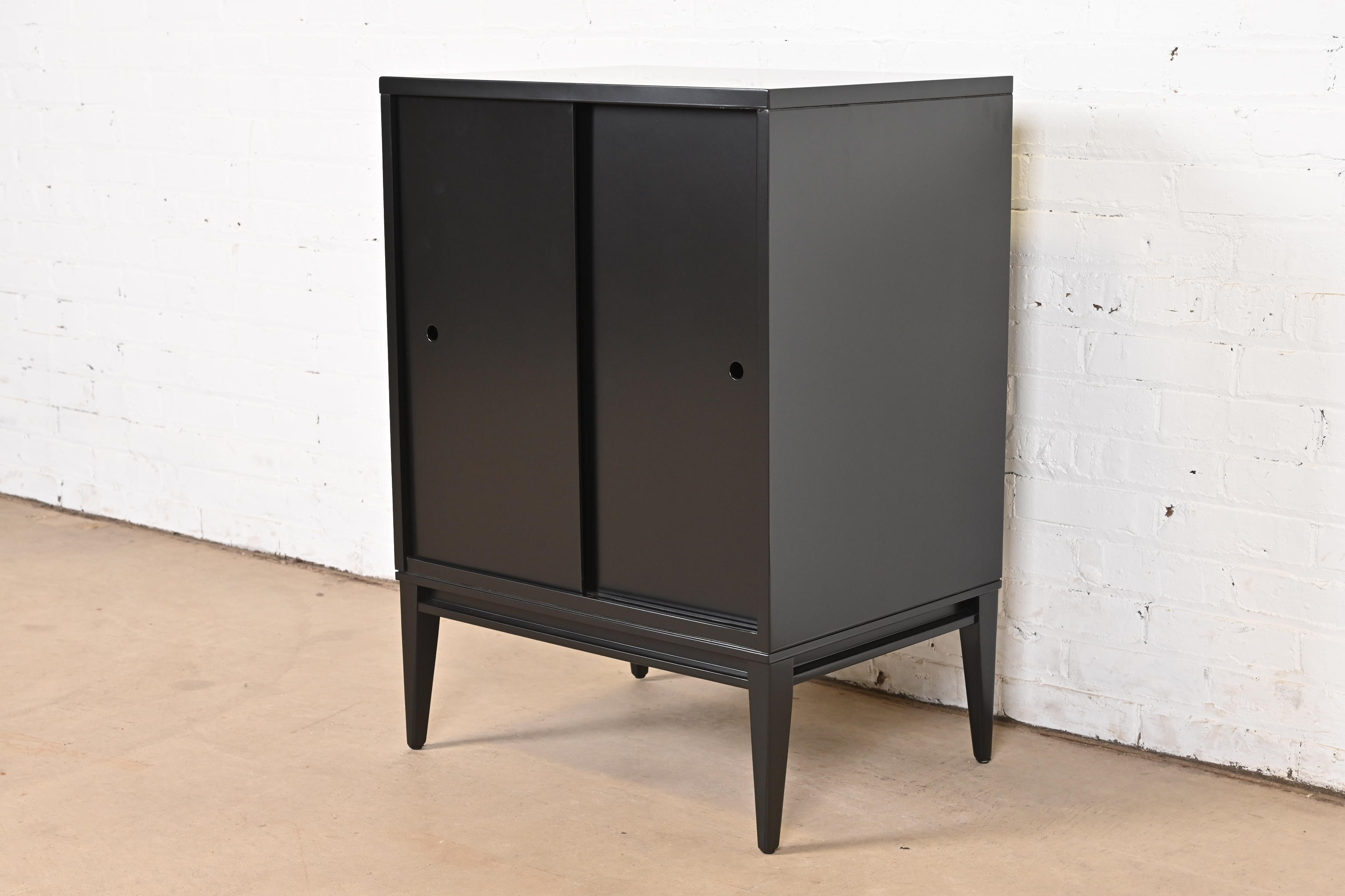 Paul McCobb Planner Group Black Lacquered Record Cabinet With Sliding Doors, Newly Refinished