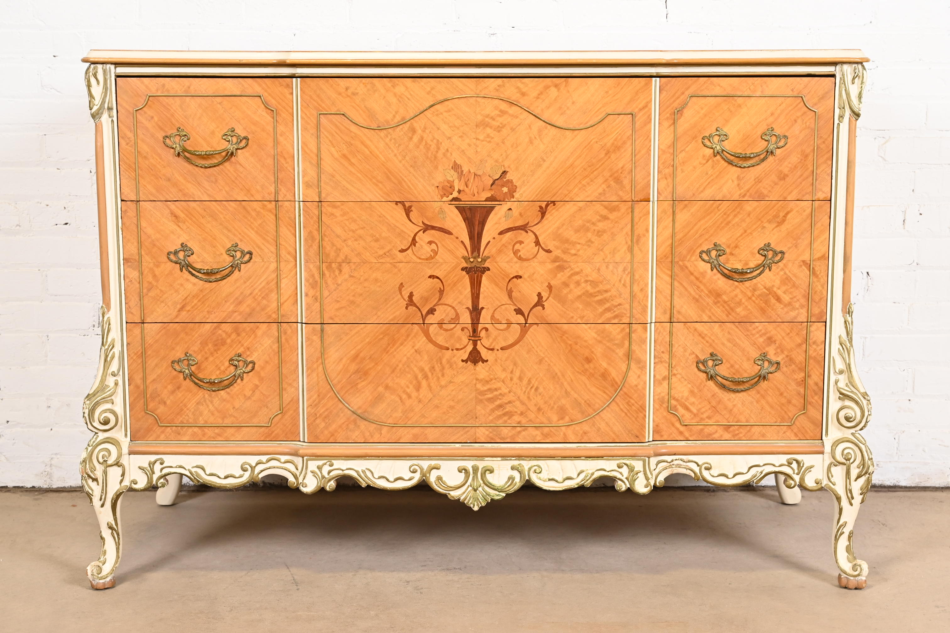Romweber French Rococo Louis XV Satinwood Inlaid Marquetry and Parcel Painted Dresser, Circa 1930s