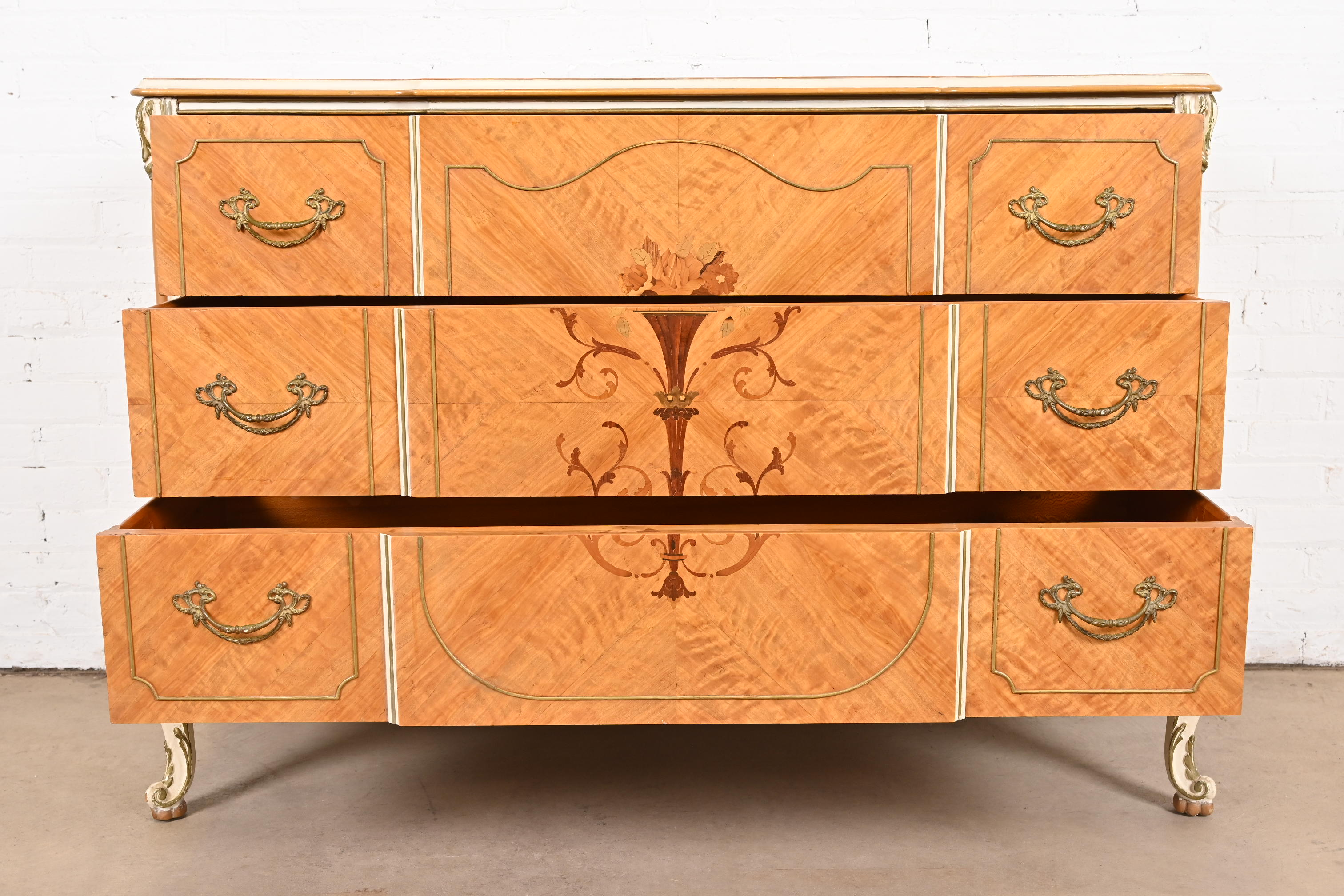 Romweber French Rococo Louis XV Satinwood Inlaid Marquetry and Parcel Painted Dresser, Circa 1930s - Image 4