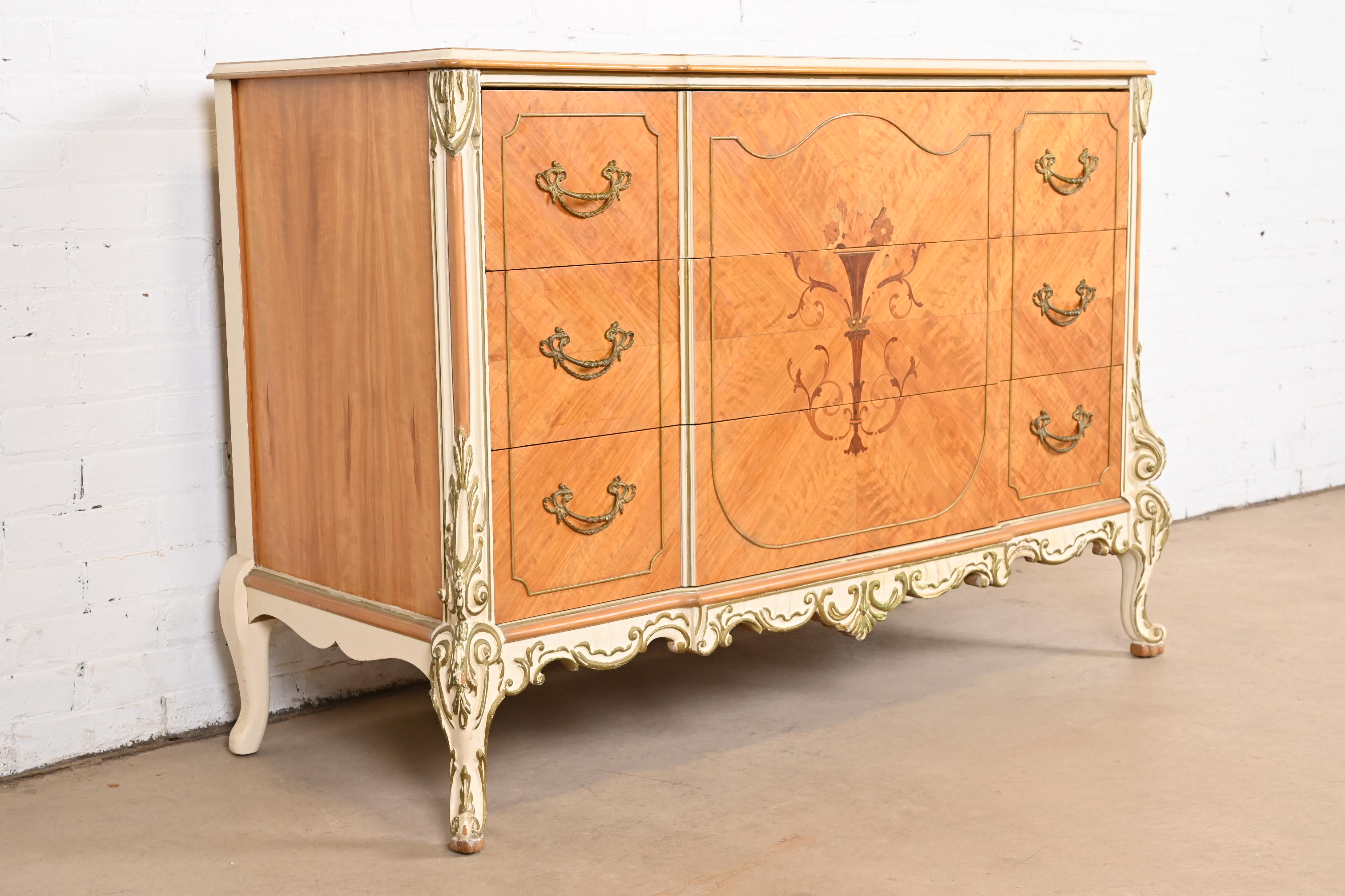 Romweber French Rococo Louis XV Satinwood Inlaid Marquetry and Parcel Painted Dresser, Circa 1930s - Image 3
