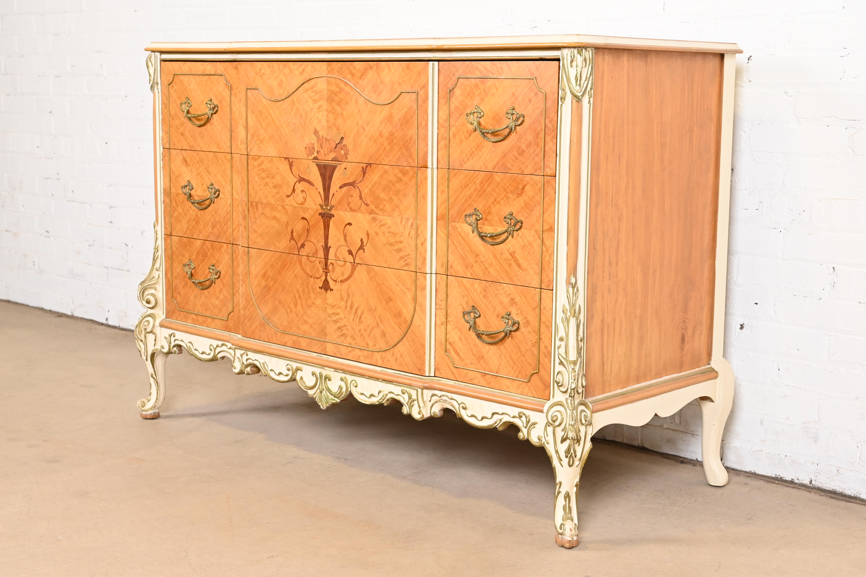 Romweber French Rococo Louis XV Satinwood Inlaid Marquetry and Parcel Painted Dresser, Circa 1930s - Image 2
