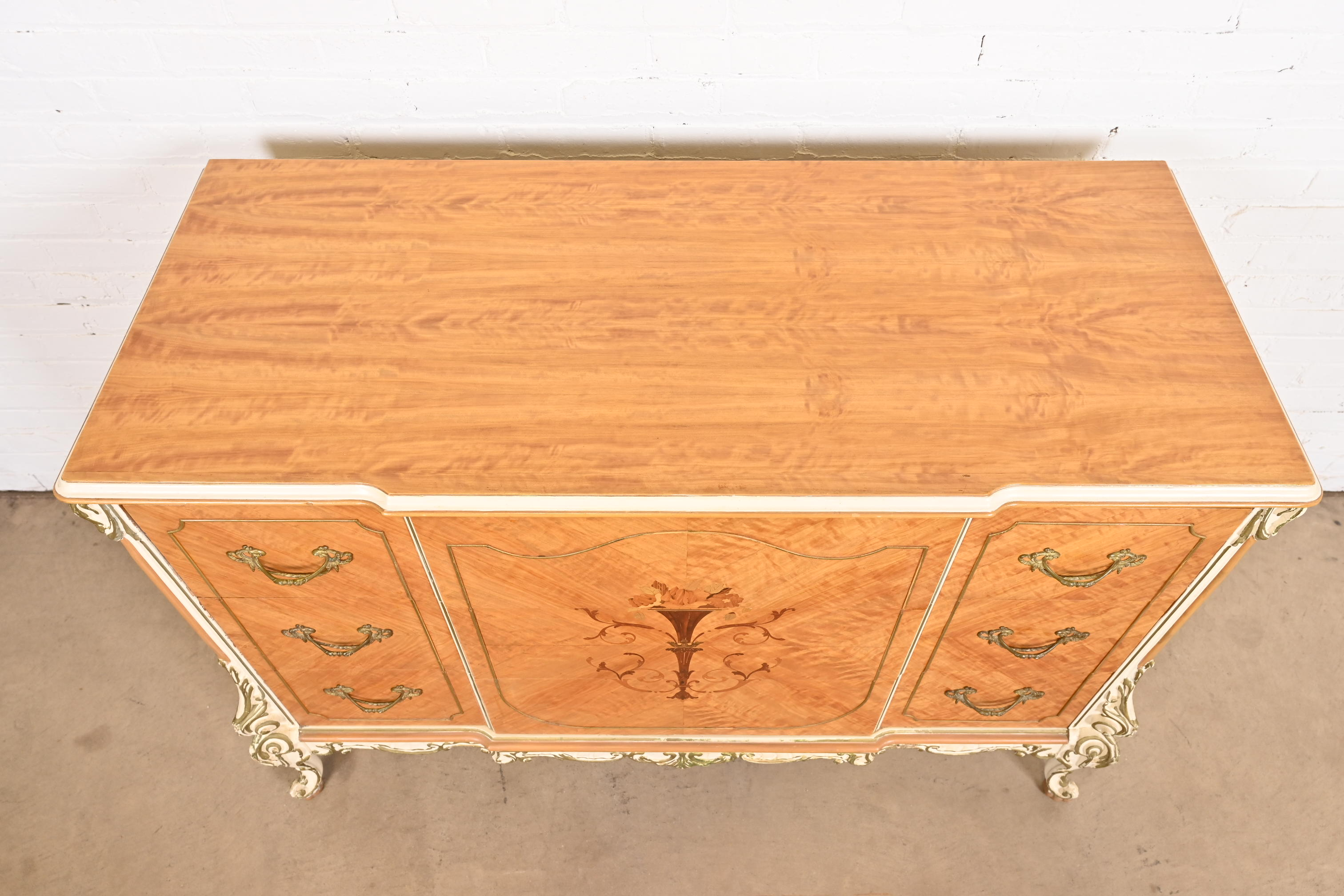 Romweber French Rococo Louis XV Satinwood Inlaid Marquetry and Parcel Painted Dresser, Circa 1930s - Image 9